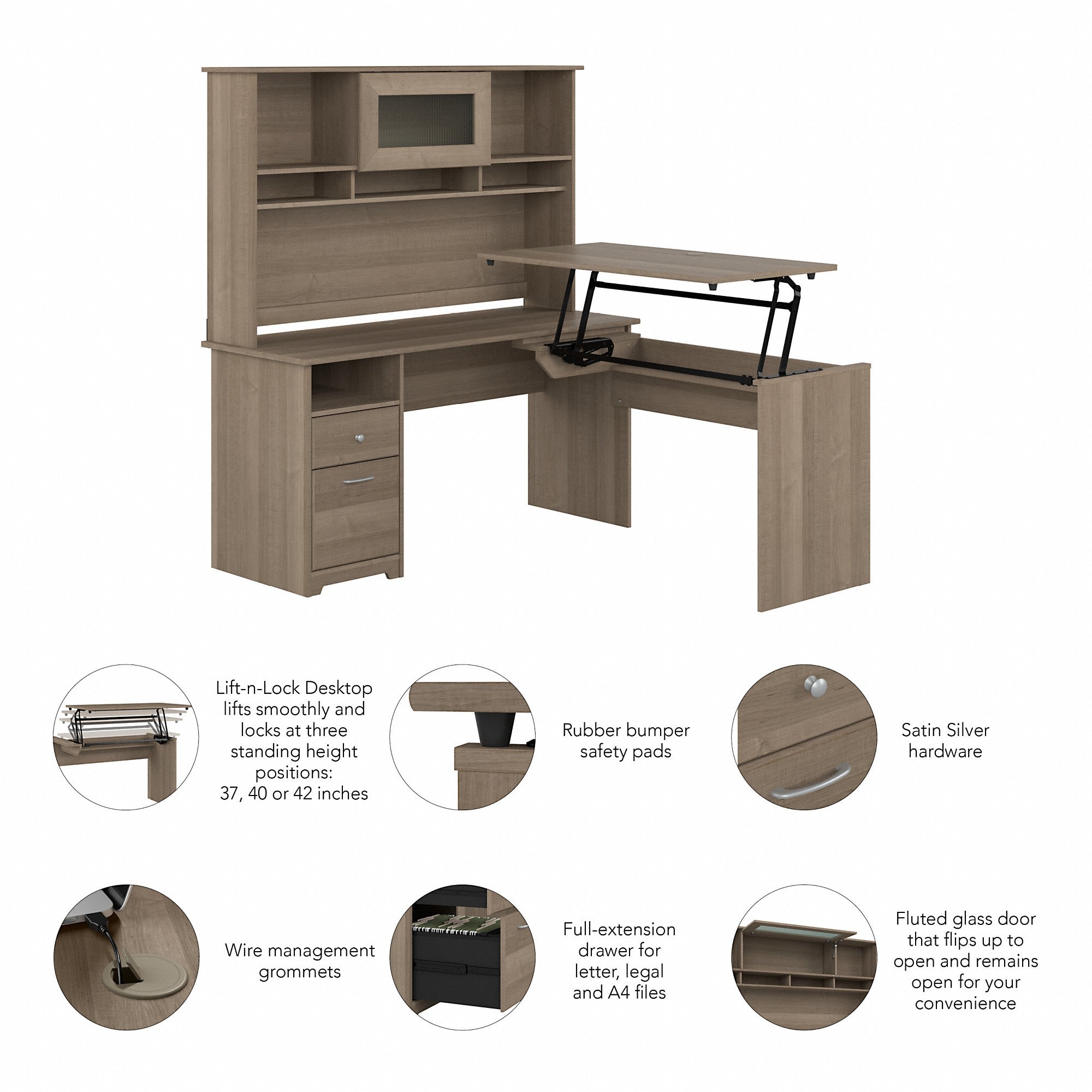 Bush Furniture Cabot 60W 3 Position Sit to Stand L Shaped Desk with Hutch