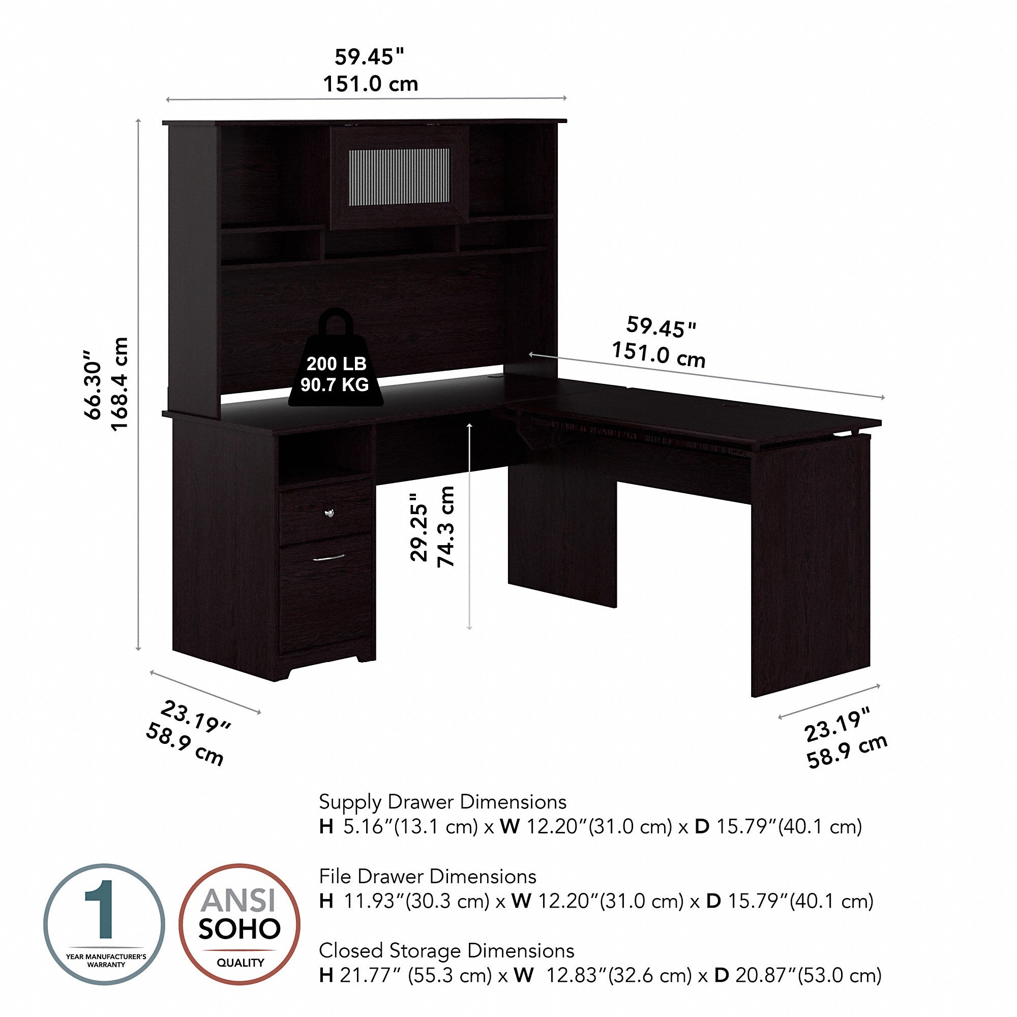 Bush Furniture Cabot 60W 3 Position L Shaped Sit to Stand Desk with Hutch