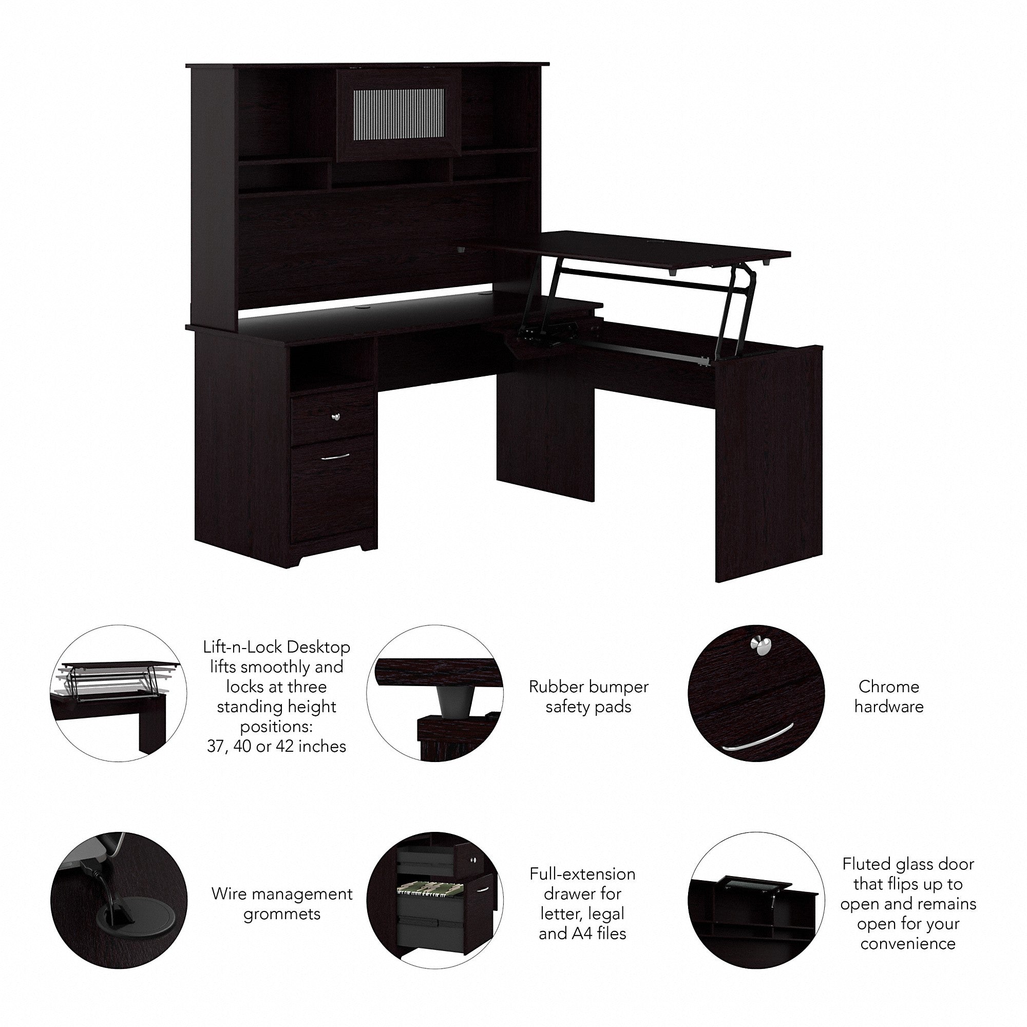 Bush Furniture Cabot 60W 3 Position L Shaped Sit to Stand Desk with Hutch