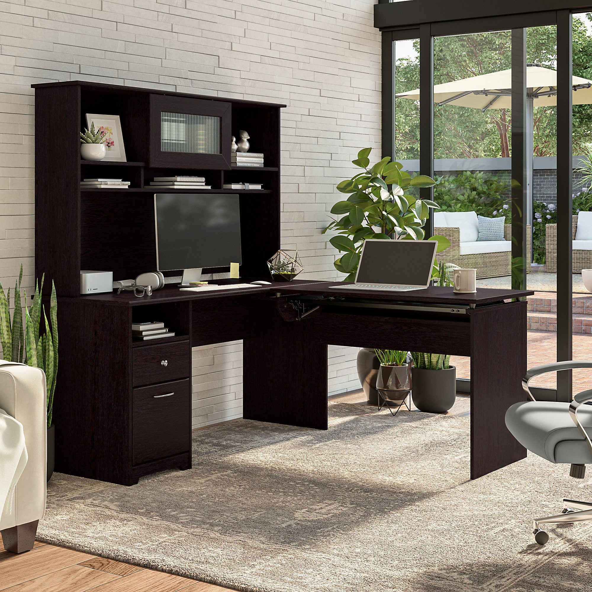 Bush Furniture Cabot 60W 3 Position L Shaped Sit to Stand Desk with Hutch