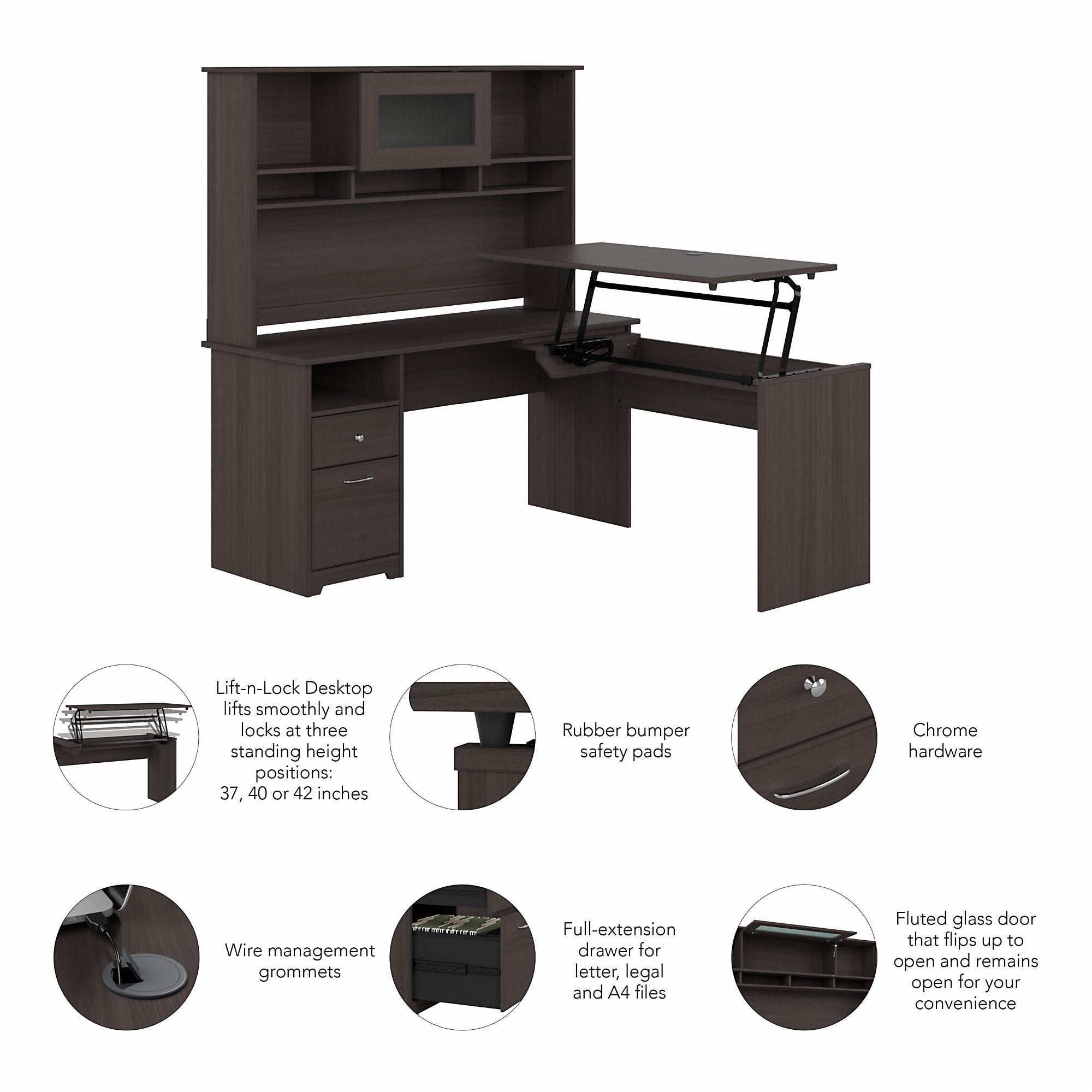 Bush Furniture Cabot 60W 3 Position Sit to Stand L Shaped Desk with Hutch