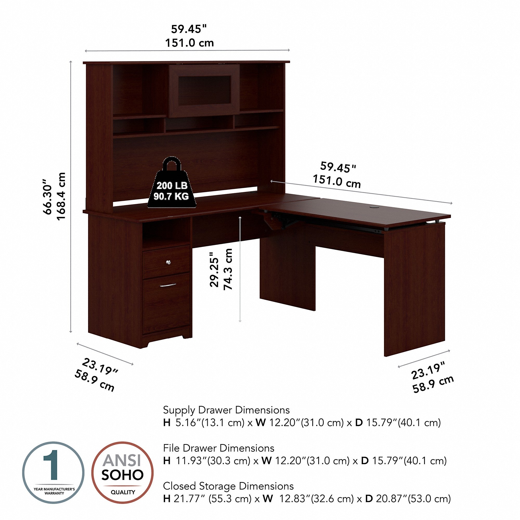 Bush Furniture Cabot 60W 3 Position Sit to Stand L Shaped Desk with Hutch