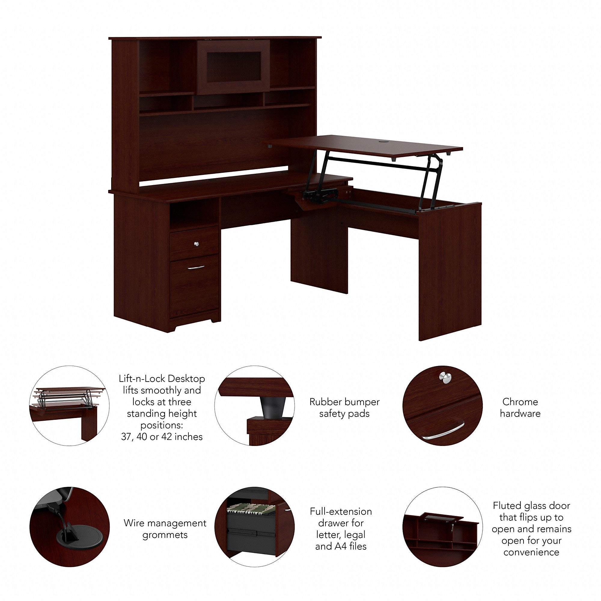 Bush Furniture Cabot 60W 3 Position Sit to Stand L Shaped Desk with Hutch