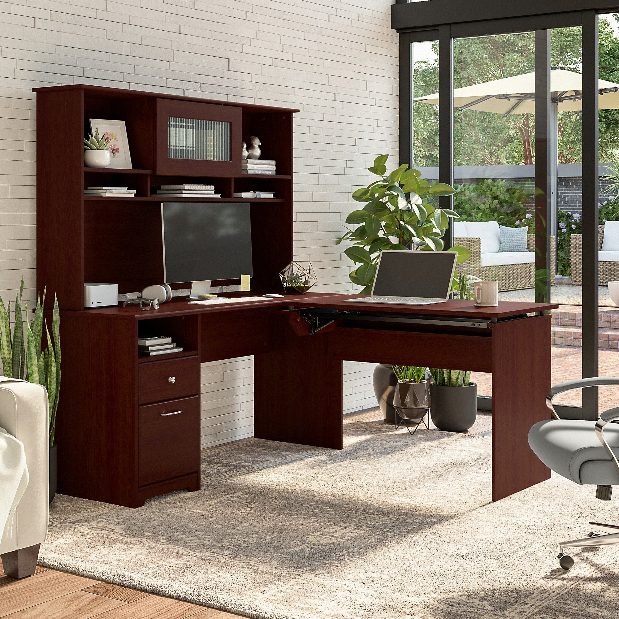 Bush Furniture Cabot 60W 3 Position Sit to Stand L Shaped Desk with Hutch