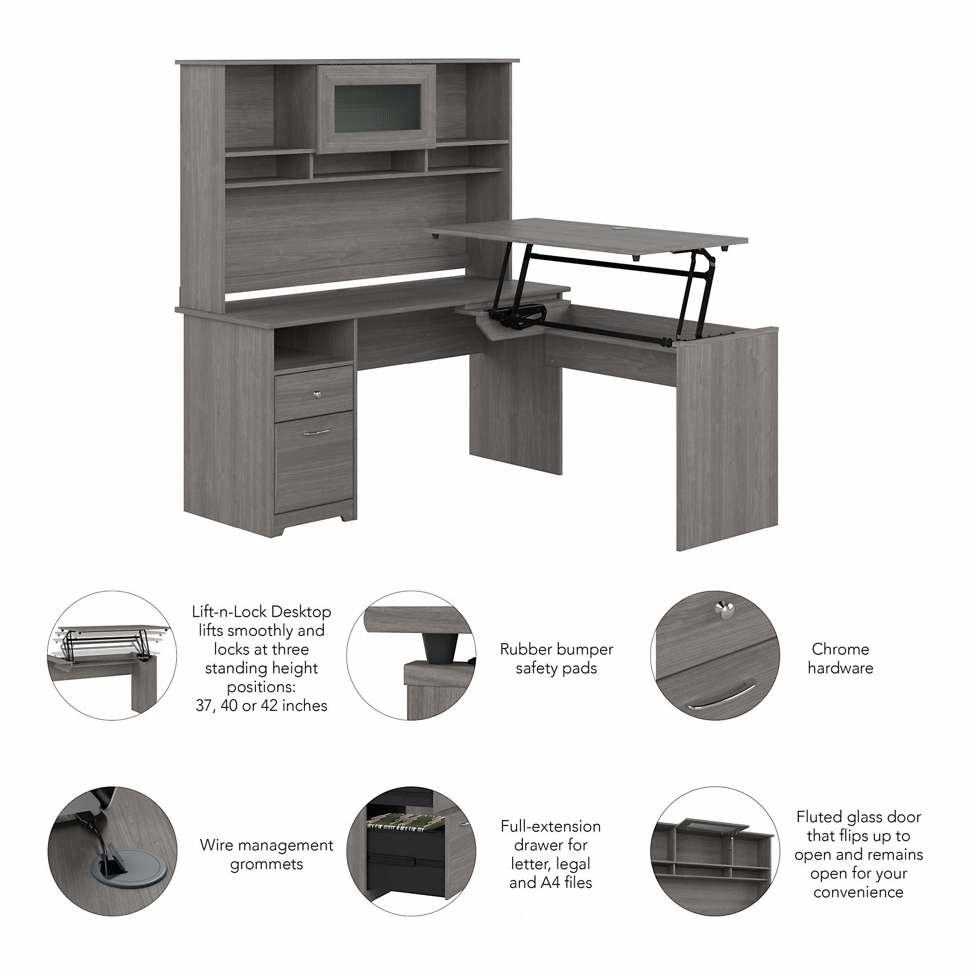 Bush Furniture Cabot 60W 3 Position Sit to Stand L Shaped Desk with Hutch