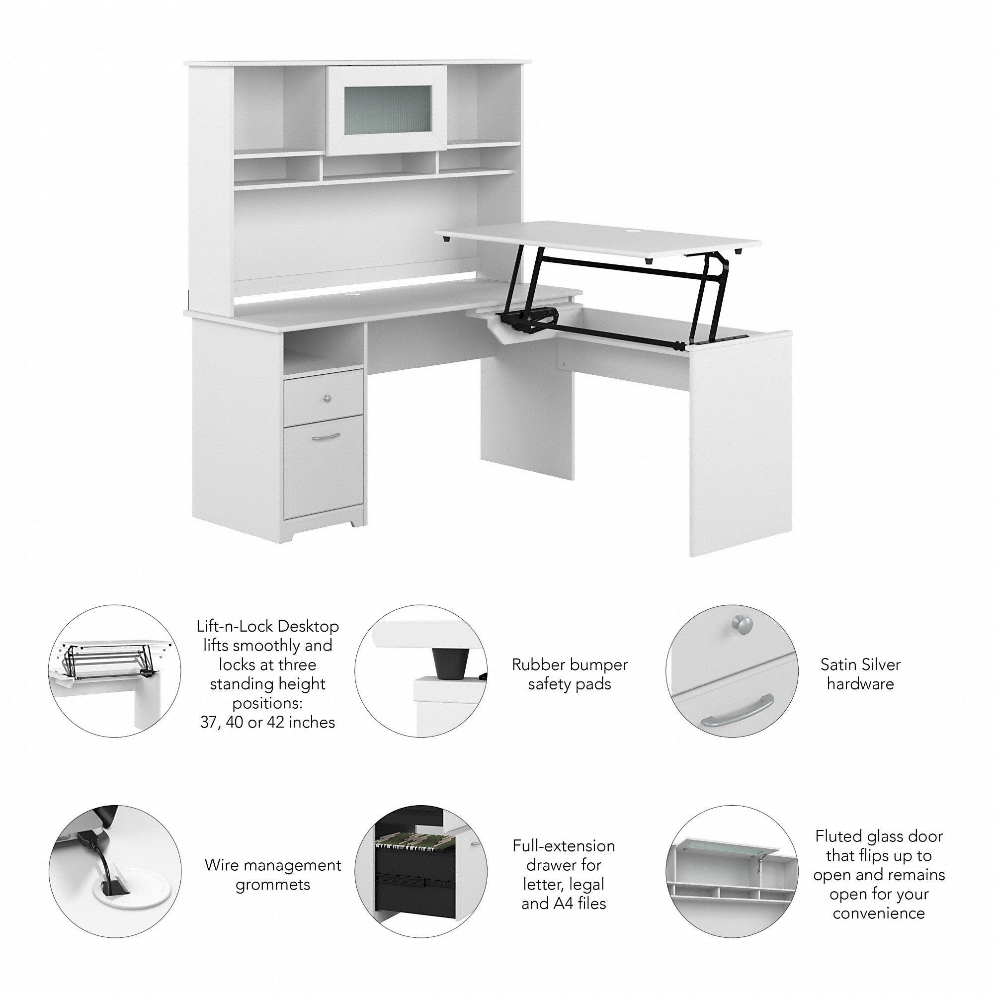 Bush Furniture Cabot 60W 3 Position Sit to Stand L Shaped Desk with Hutch