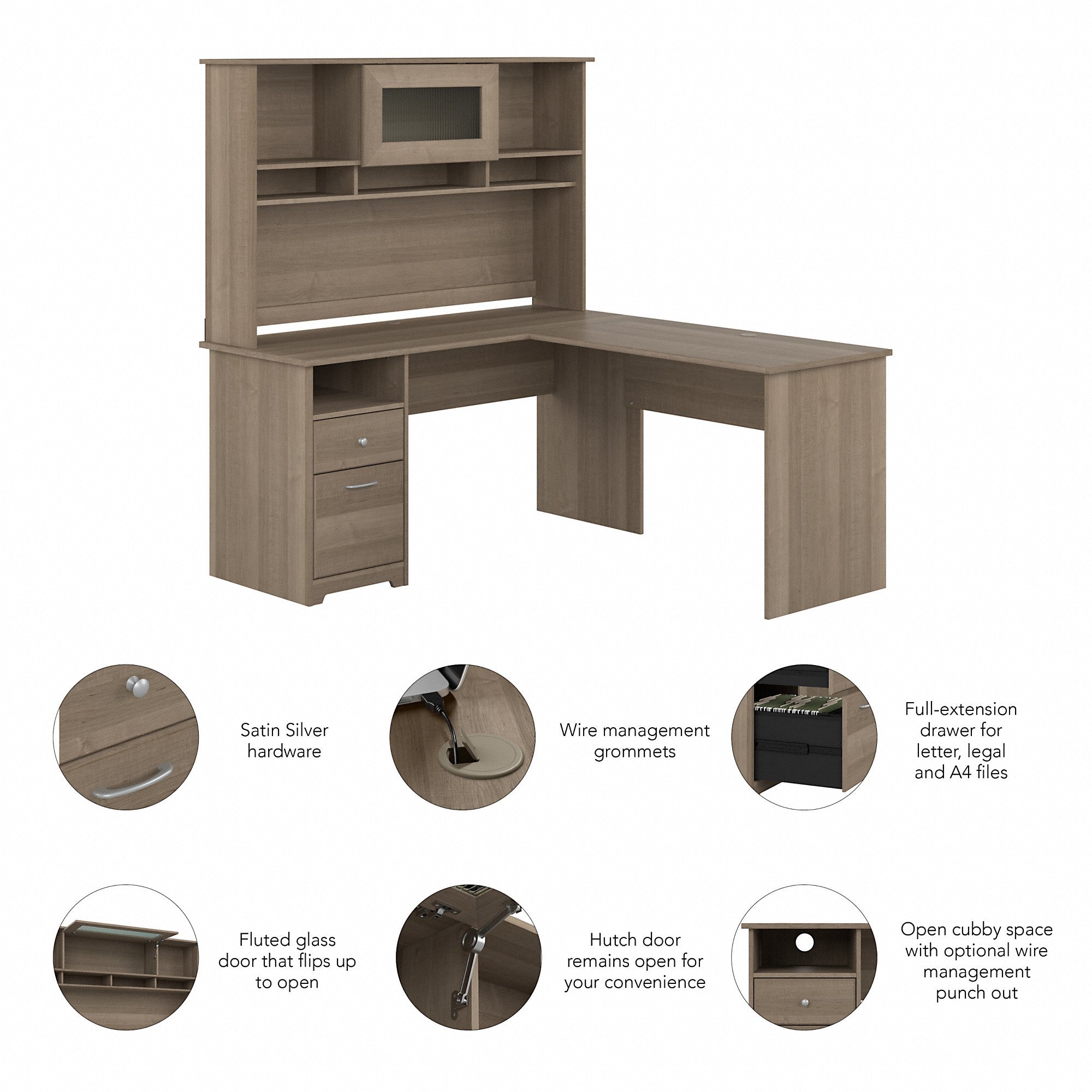 Bush Furniture Cabot 60W L Shaped Computer Desk with Hutch and Drawers