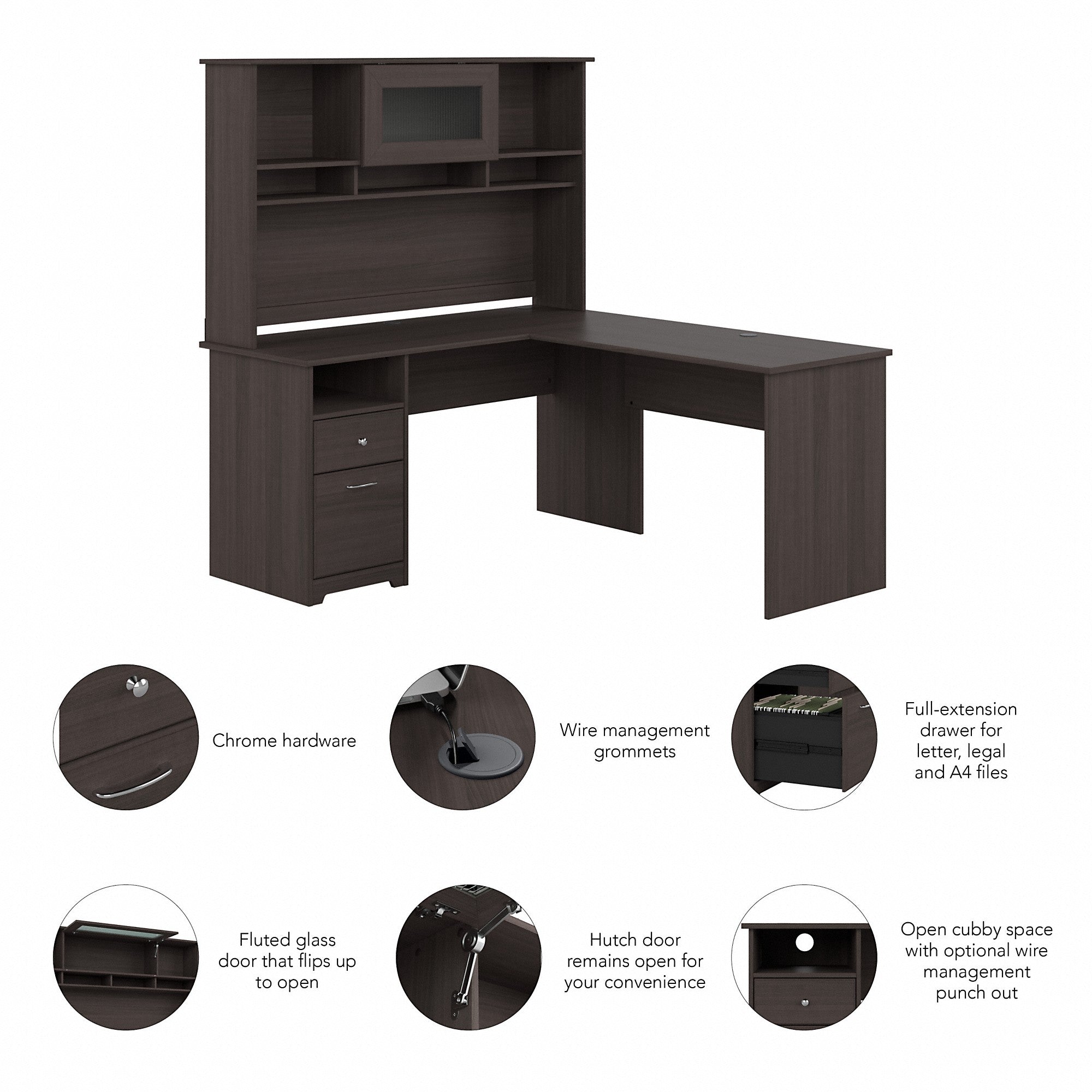 Bush Furniture Cabot 60W L Shaped Computer Desk with Hutch and Drawers