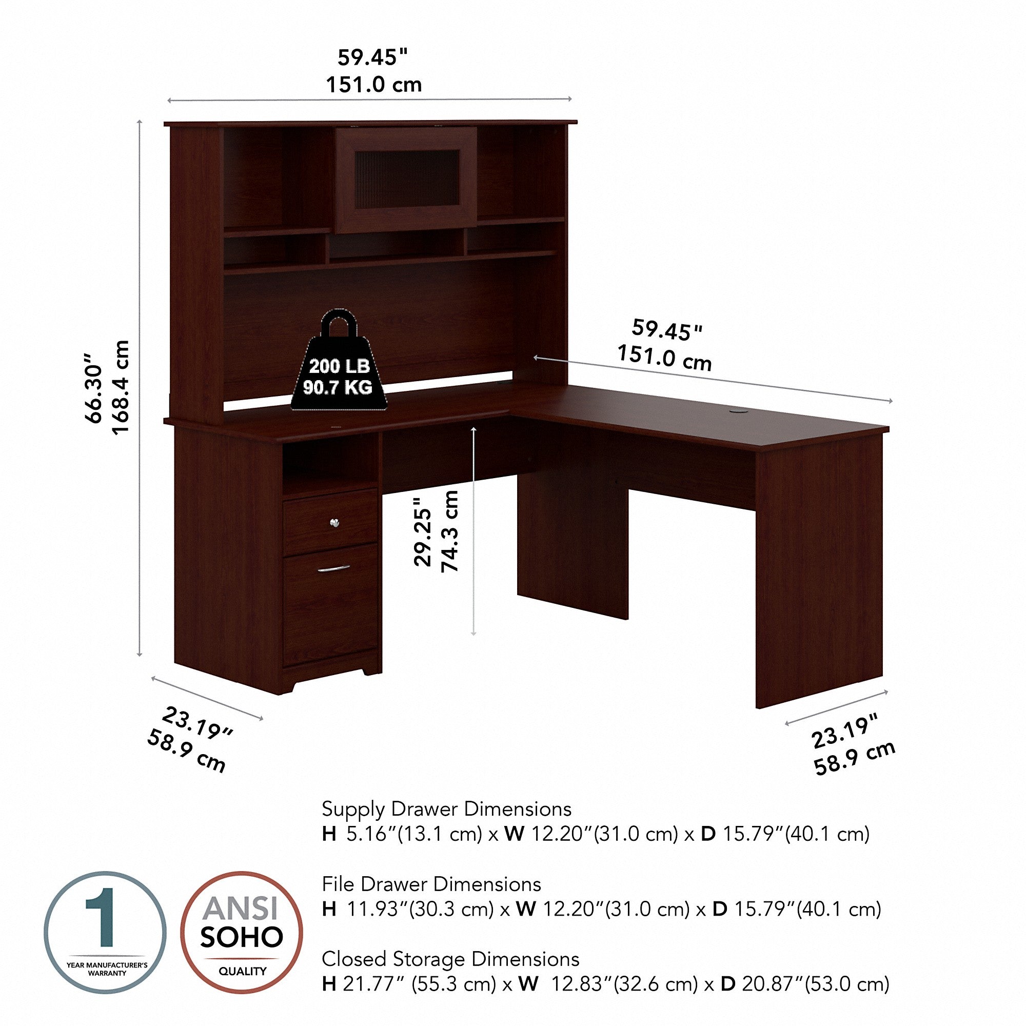 Bush Furniture Cabot 60W L Shaped Computer Desk with Hutch and Drawers