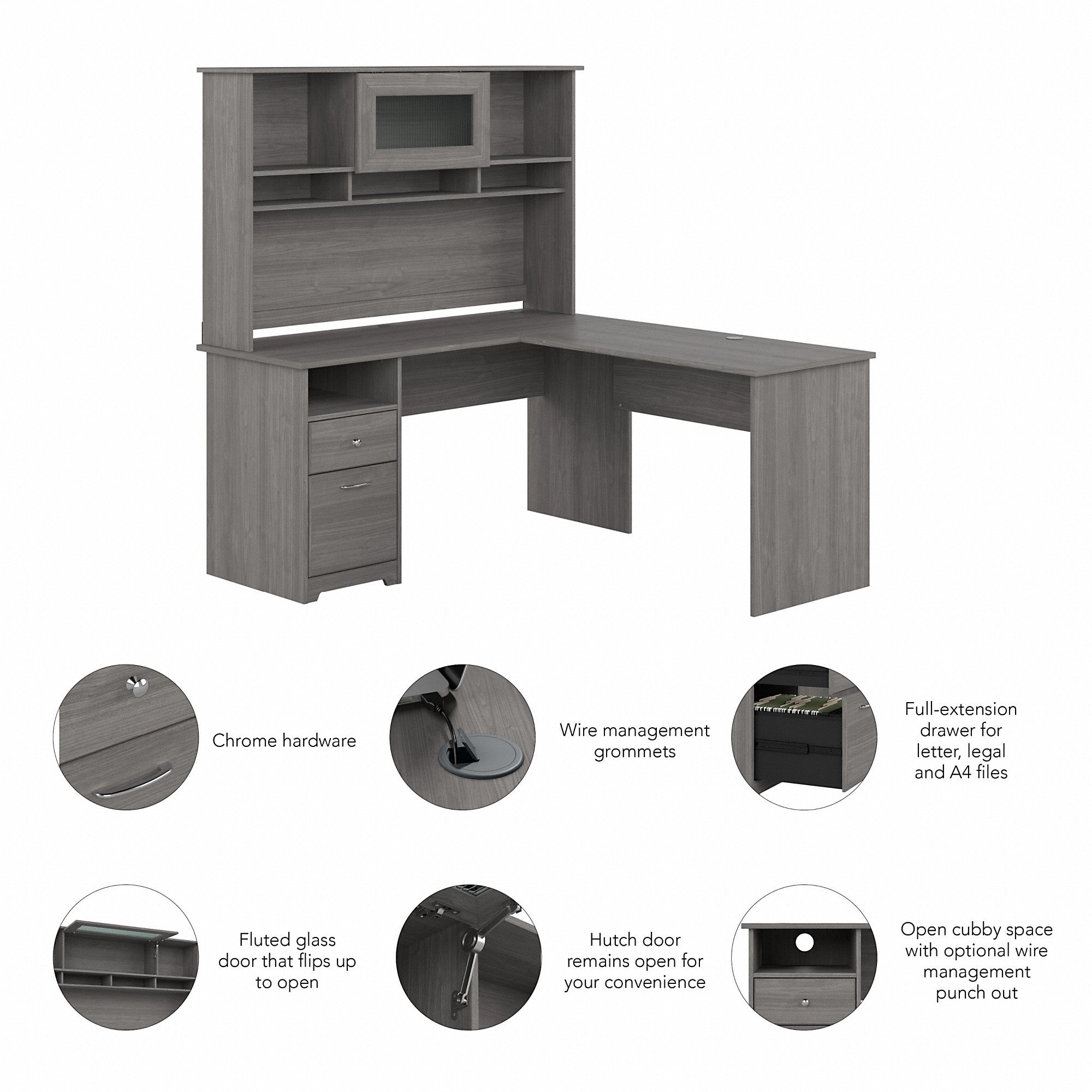 Bush Furniture Cabot 60W L Shaped Computer Desk with Hutch and Drawers