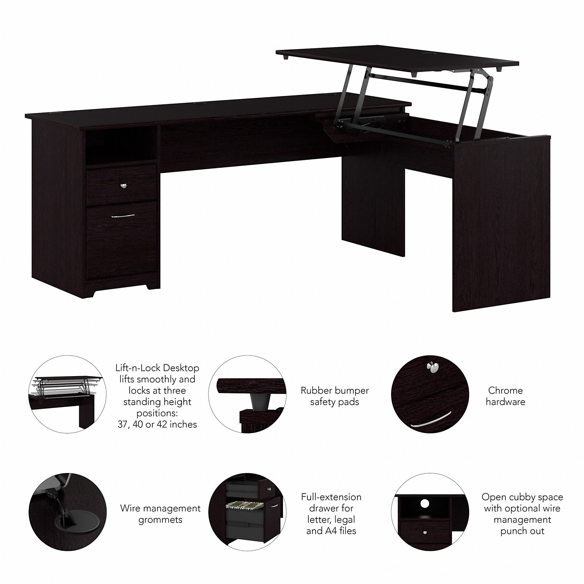 Bush Furniture Cabot 72W 3 Position L Shaped Sit to Stand Desk