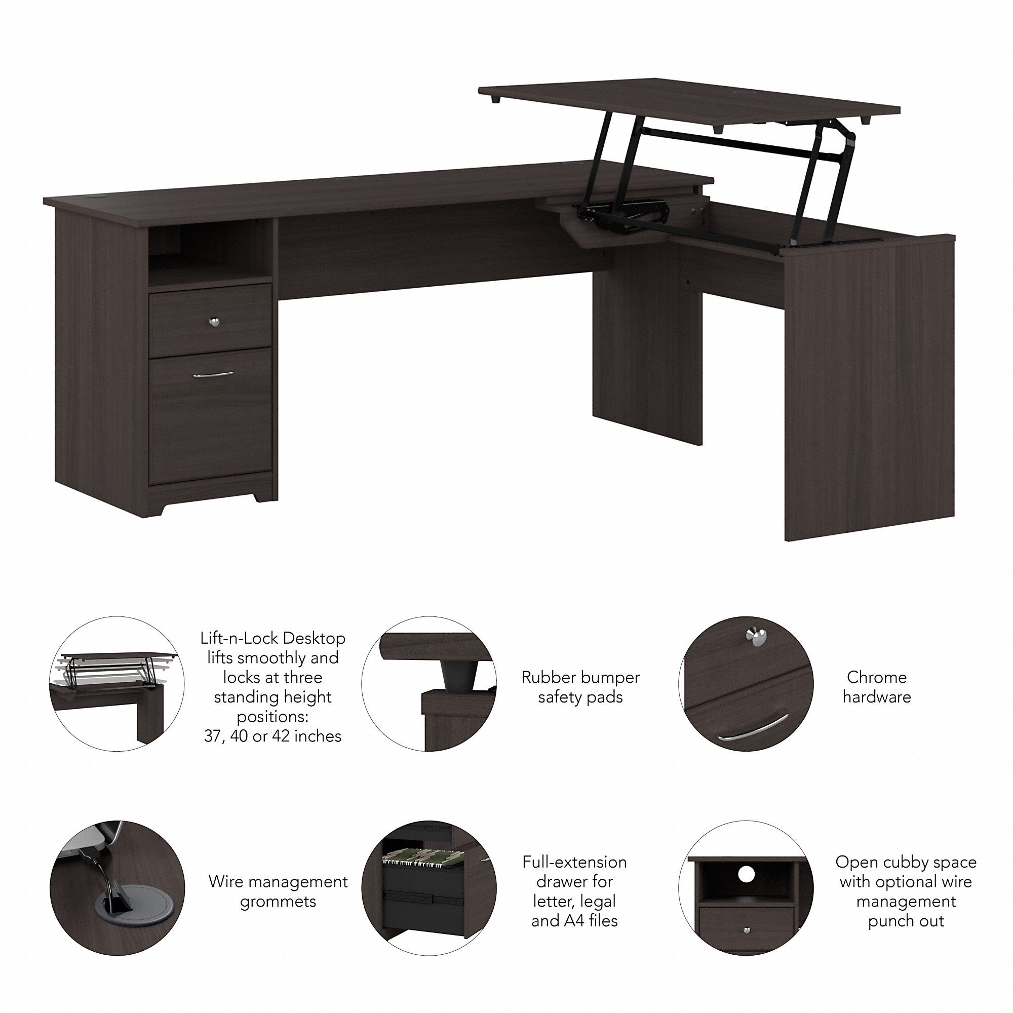 Bush Furniture Cabot 72W 3 Position Sit to Stand L Shaped Desk