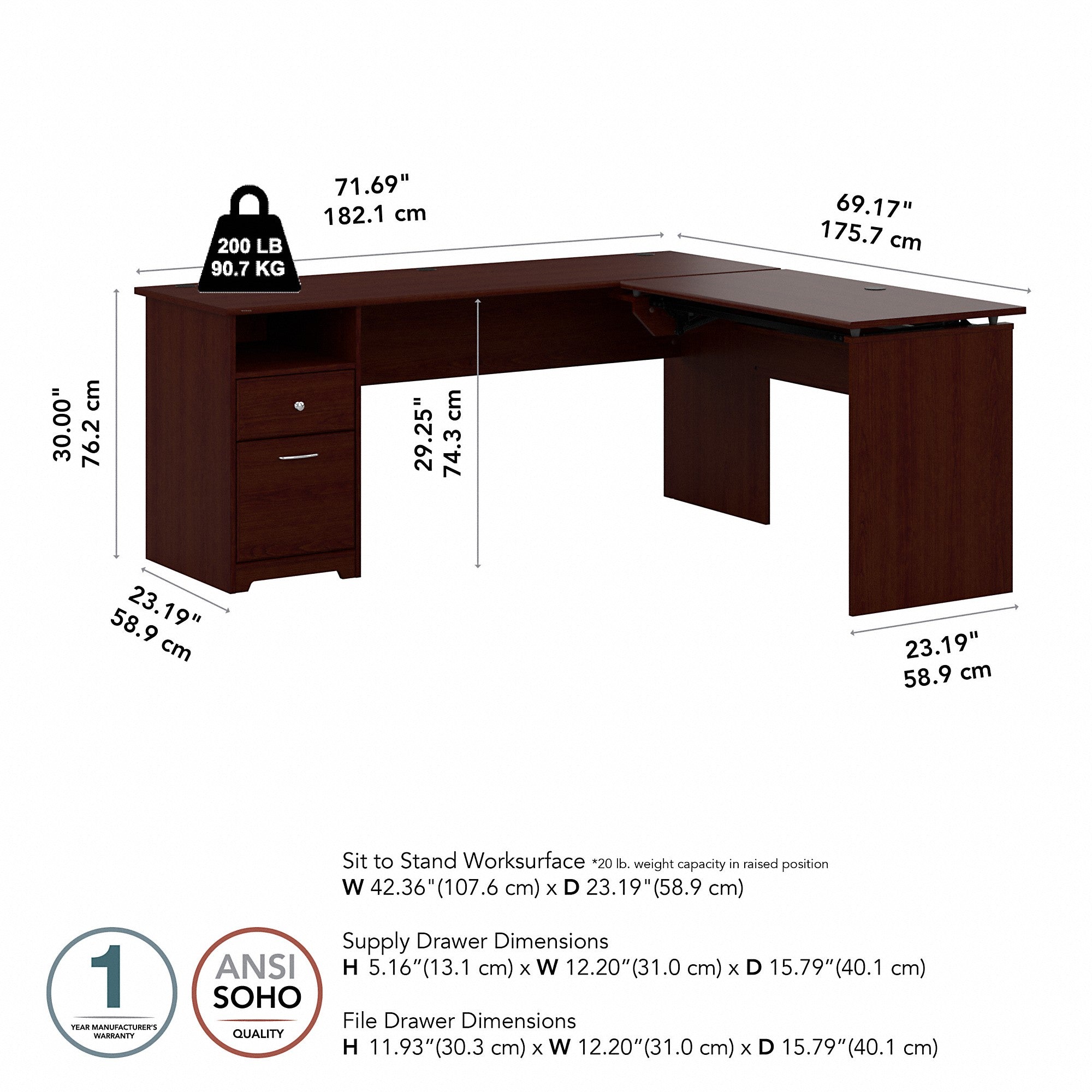 Bush Furniture Cabot 72W 3 Position Sit to Stand L Shaped Desk