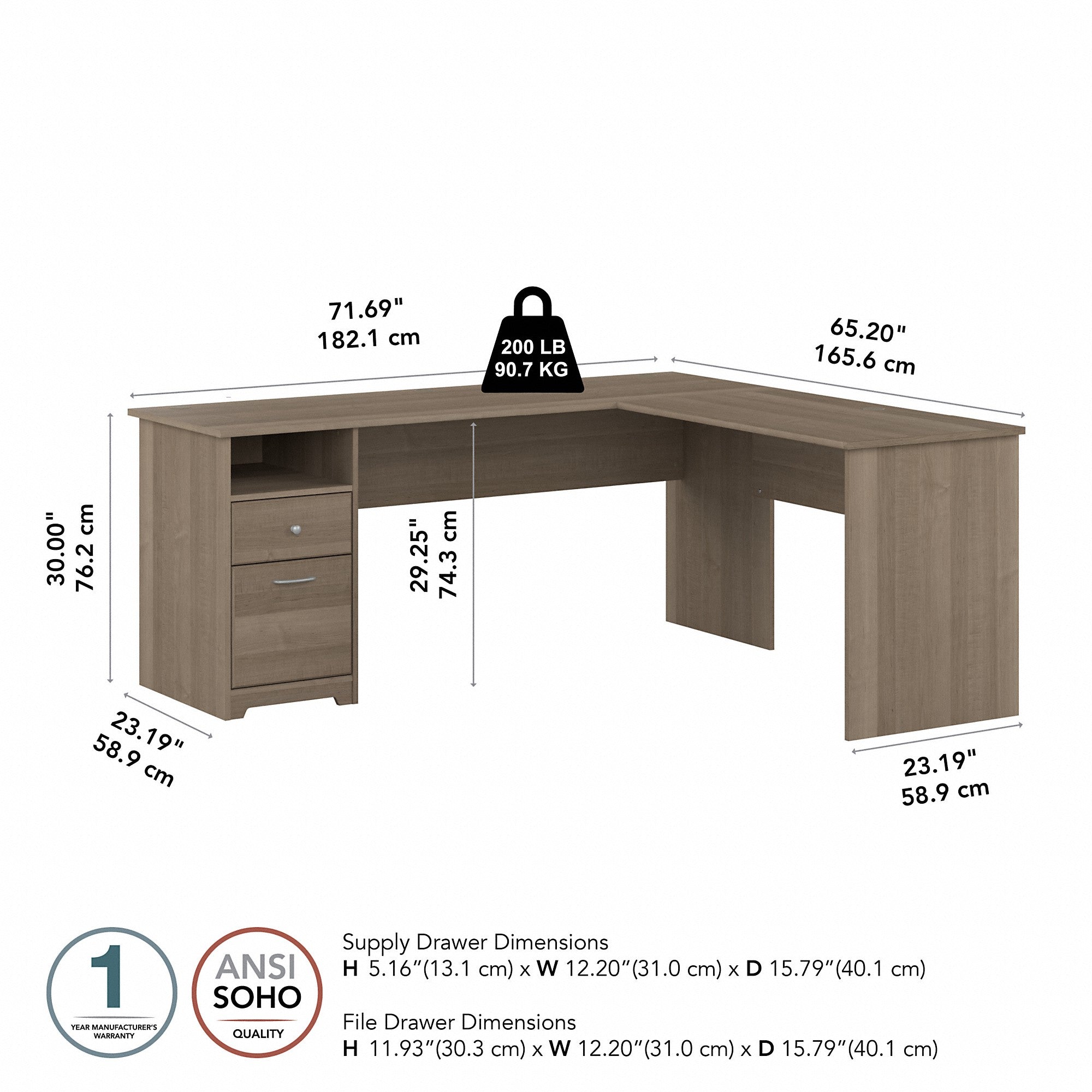 Bush Furniture Cabot 72W L Shaped Computer Desk with Drawers