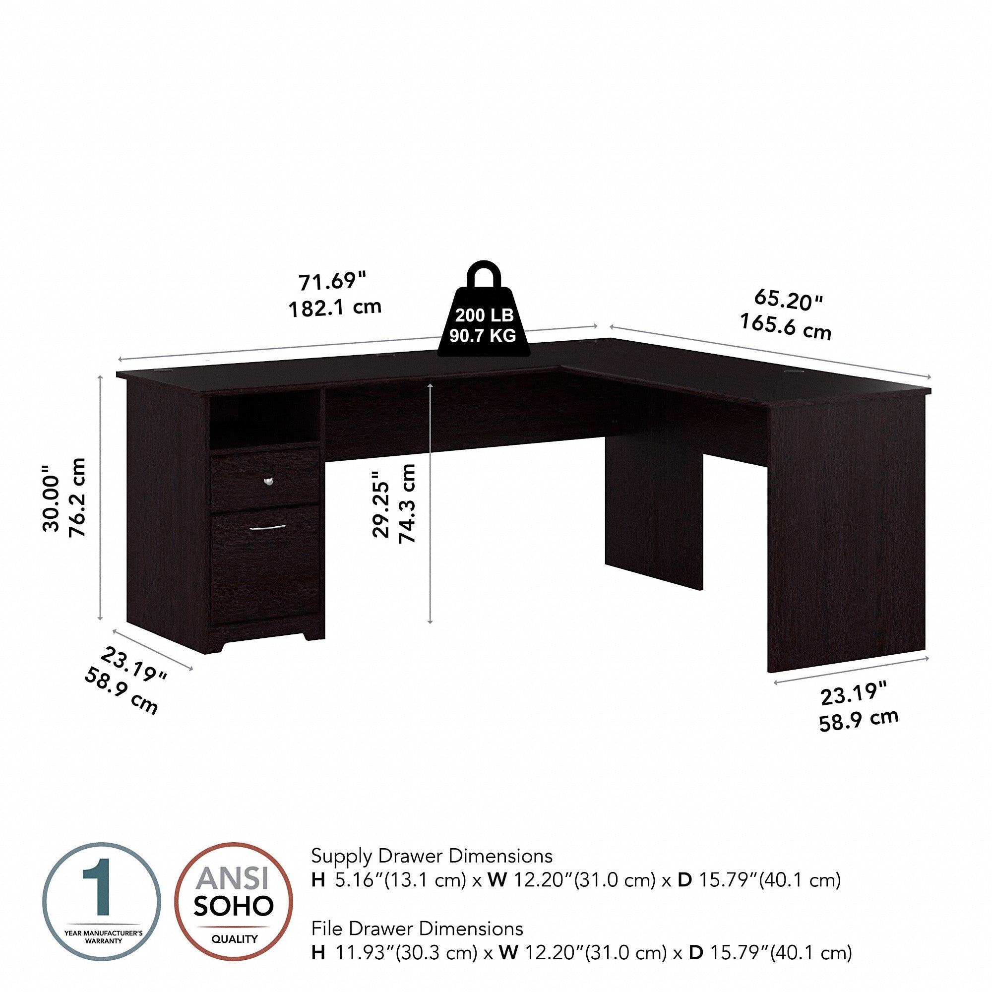 Bush Furniture Cabot 72W L Shaped Computer Desk with Drawers