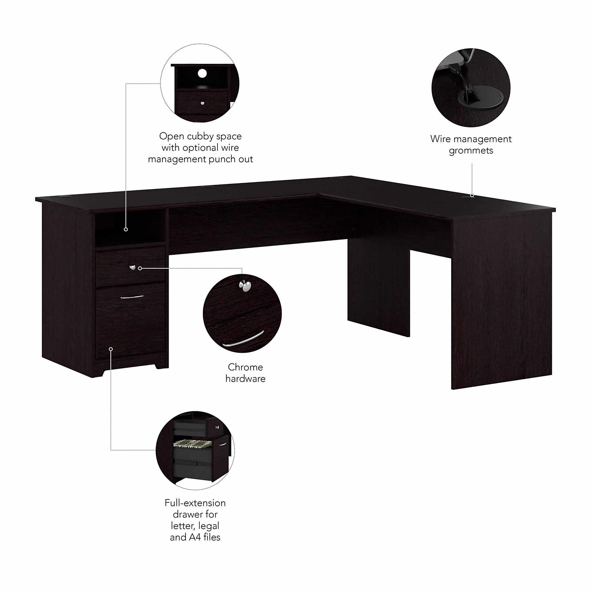 Bush Furniture Cabot 72W L Shaped Computer Desk with Drawers