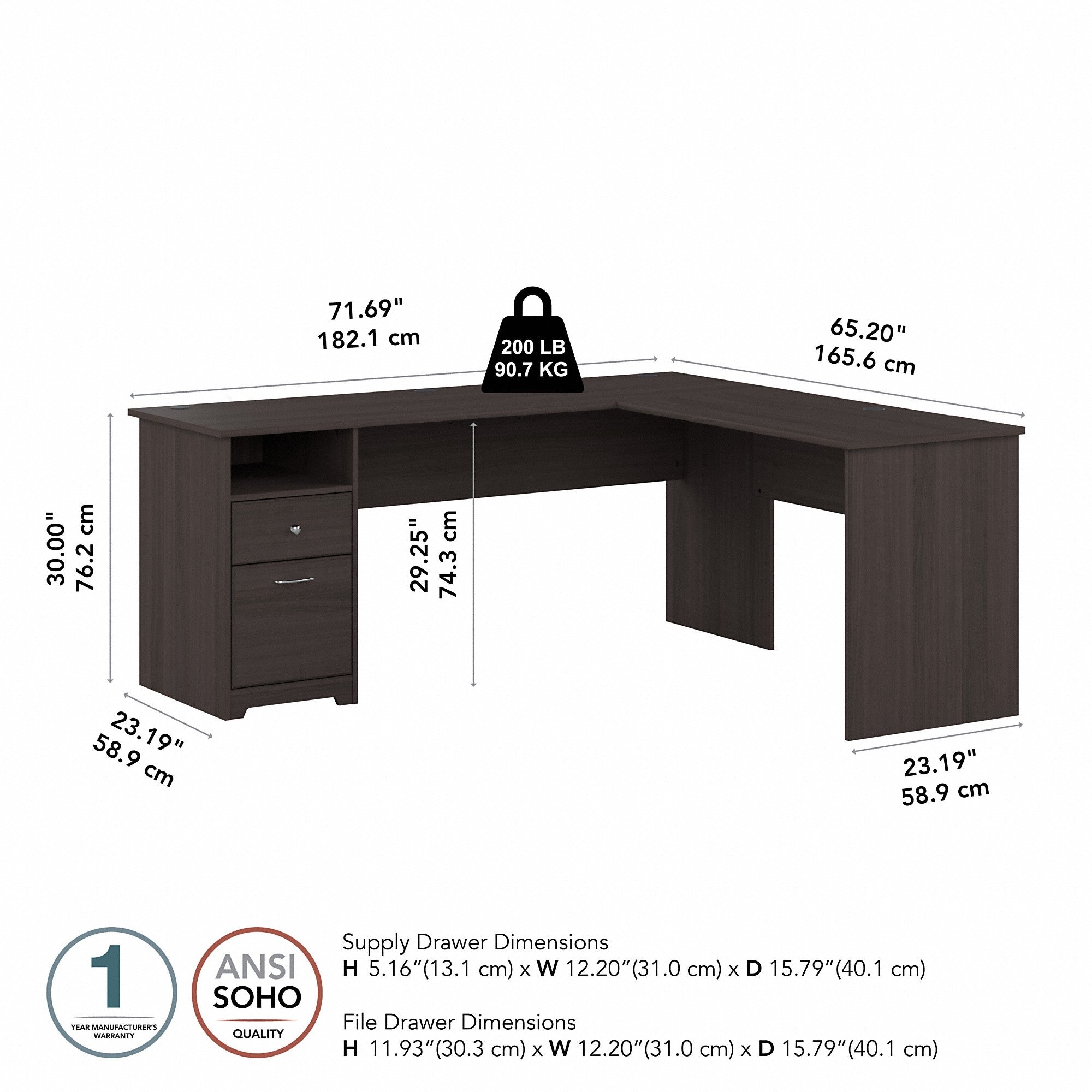 Bush Furniture Cabot 72W L Shaped Computer Desk with Drawers