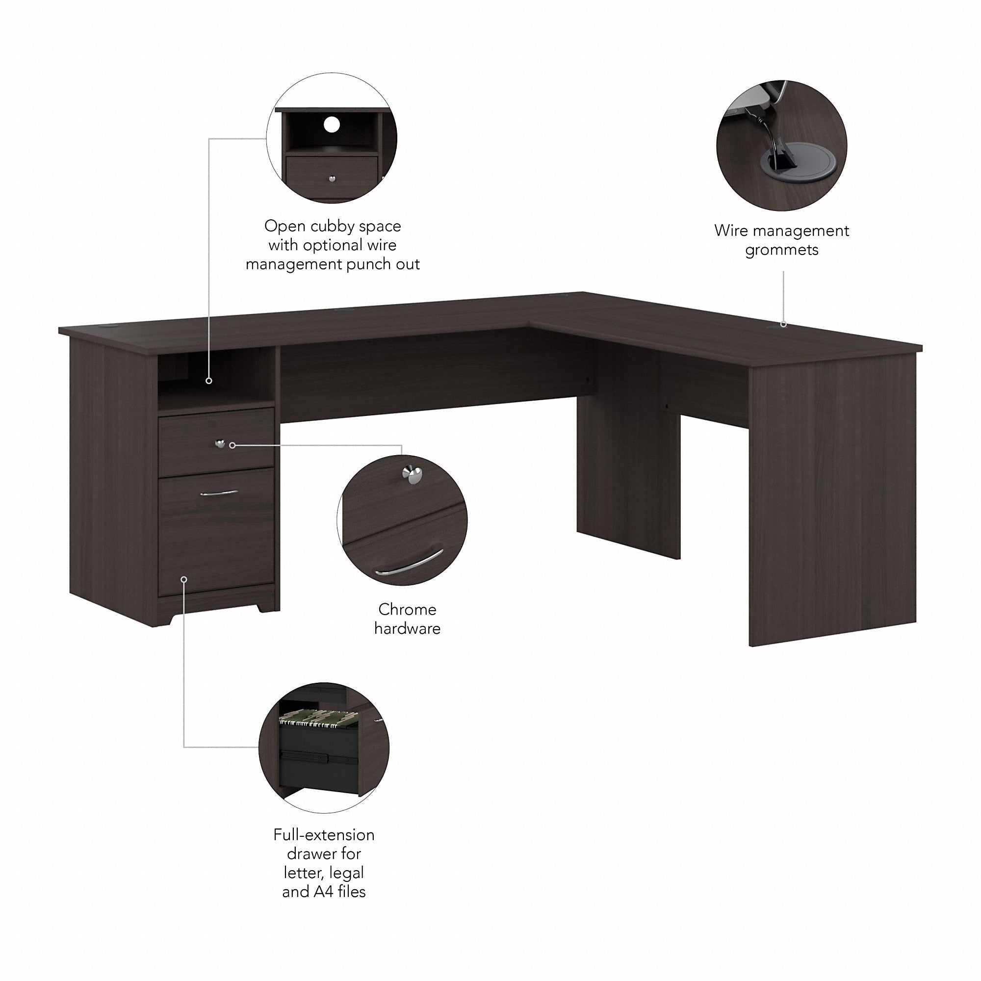 Bush Furniture Cabot 72W L Shaped Computer Desk with Drawers