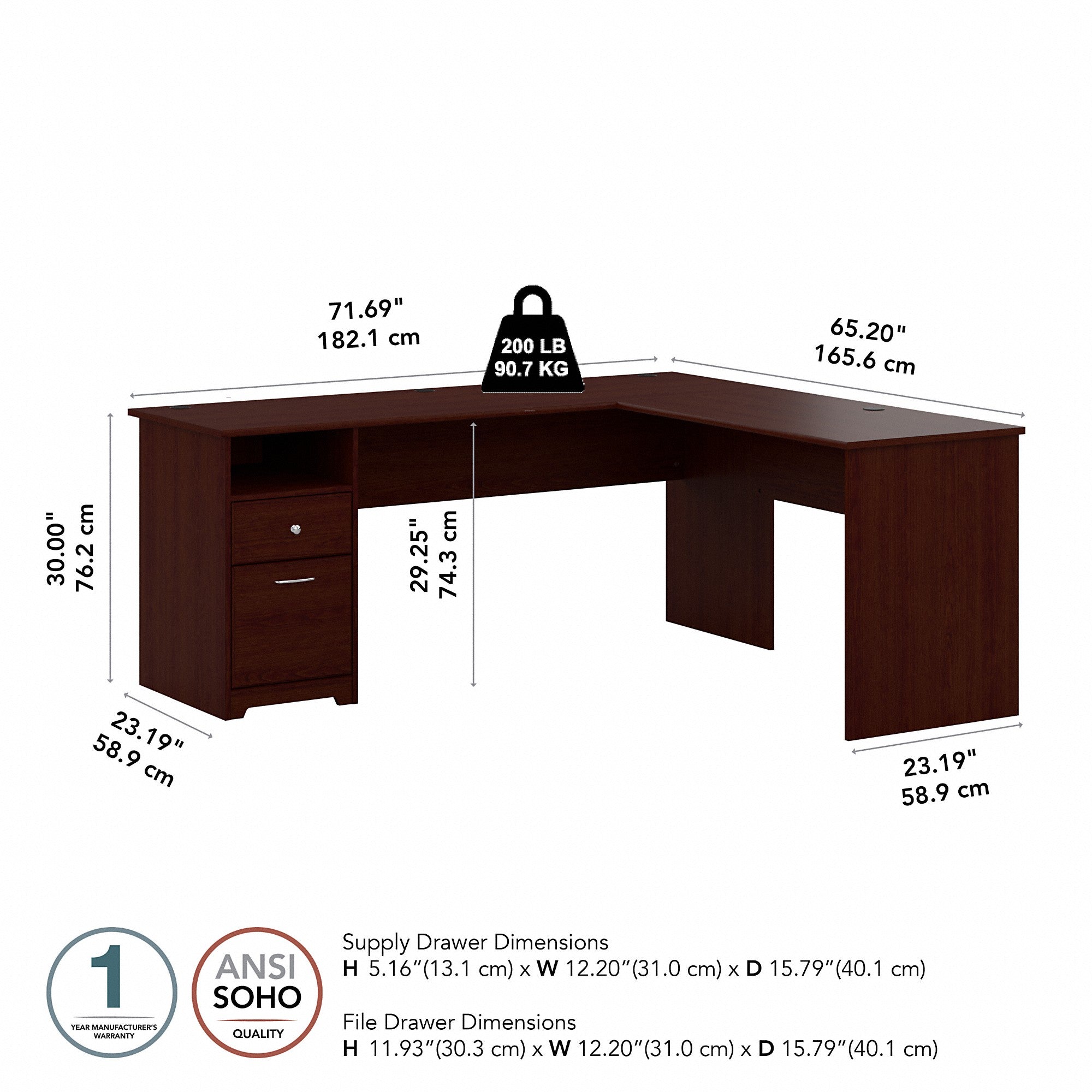 Bush Furniture Cabot 72W L Shaped Computer Desk with Drawers