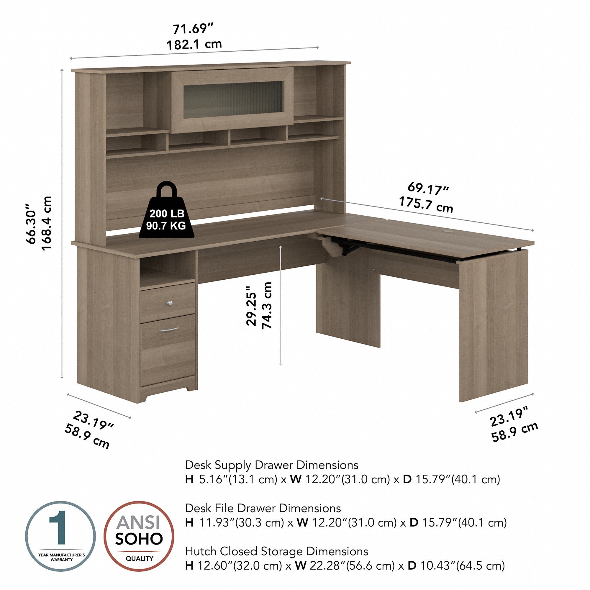 Bush Furniture Cabot 72W 3 Position Sit to Stand L Shaped Desk with Hutch