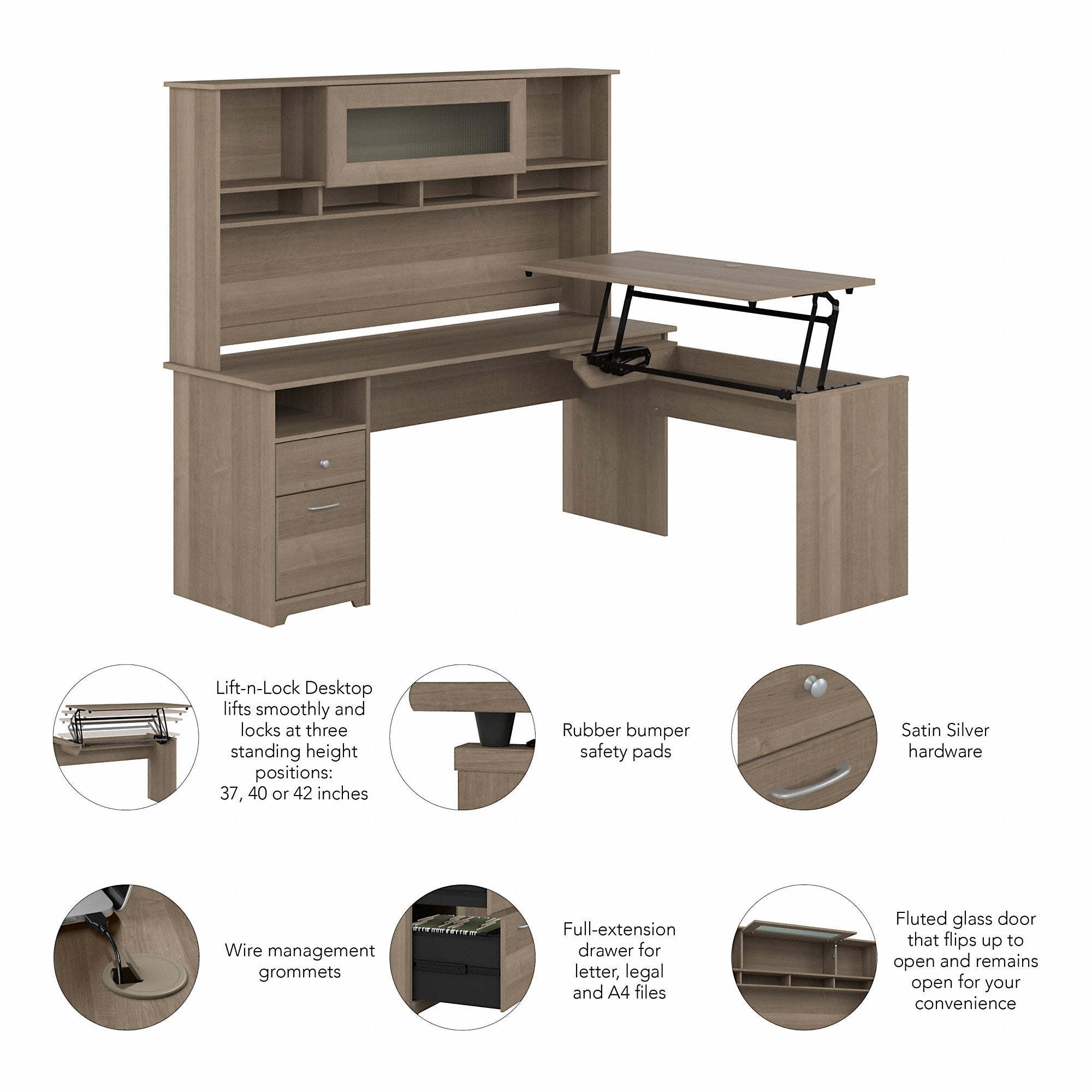 Bush Furniture Cabot 72W 3 Position Sit to Stand L Shaped Desk with Hutch