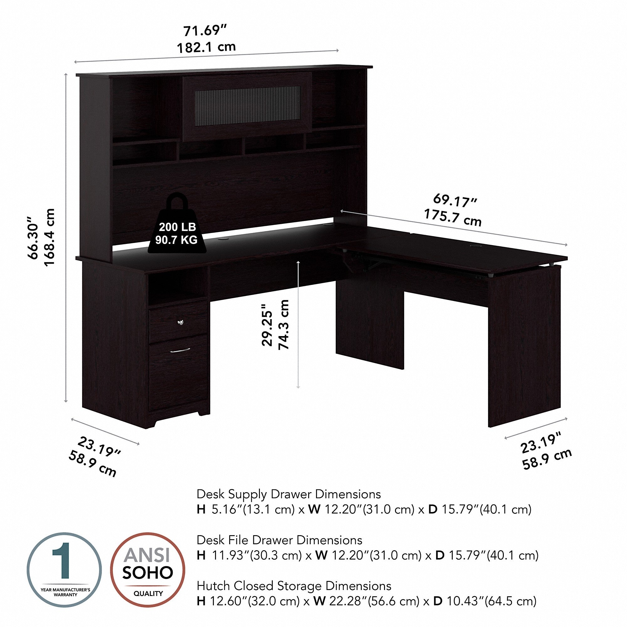 Bush Furniture Cabot 72W 3 Position L Shaped Sit to Stand Desk with Hutch