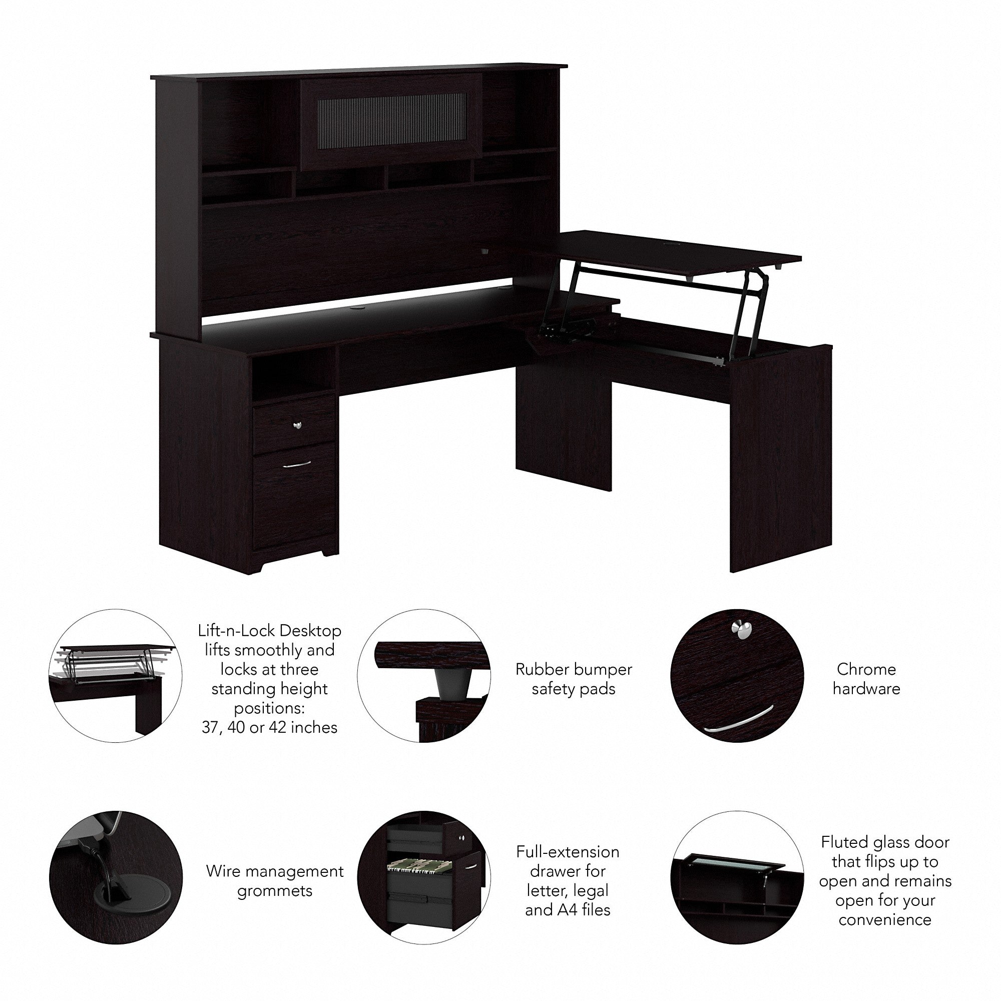 Bush Furniture Cabot 72W 3 Position L Shaped Sit to Stand Desk with Hutch