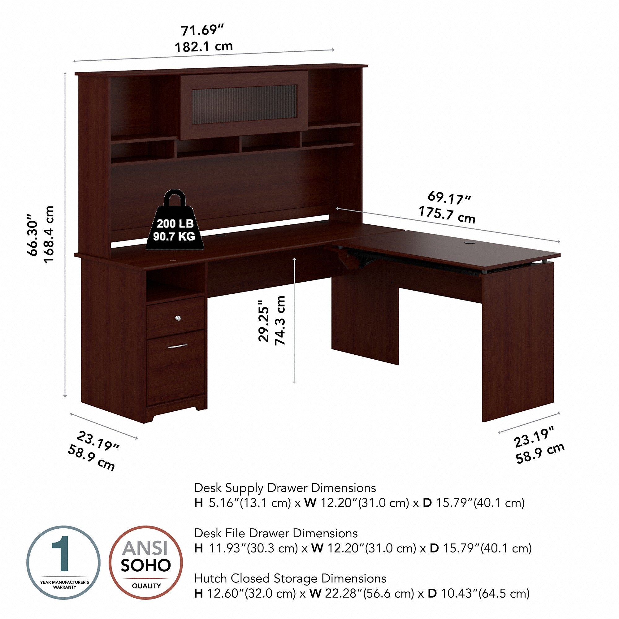 Bush Furniture Cabot 72W 3 Position Sit to Stand L Shaped Desk with Hutch