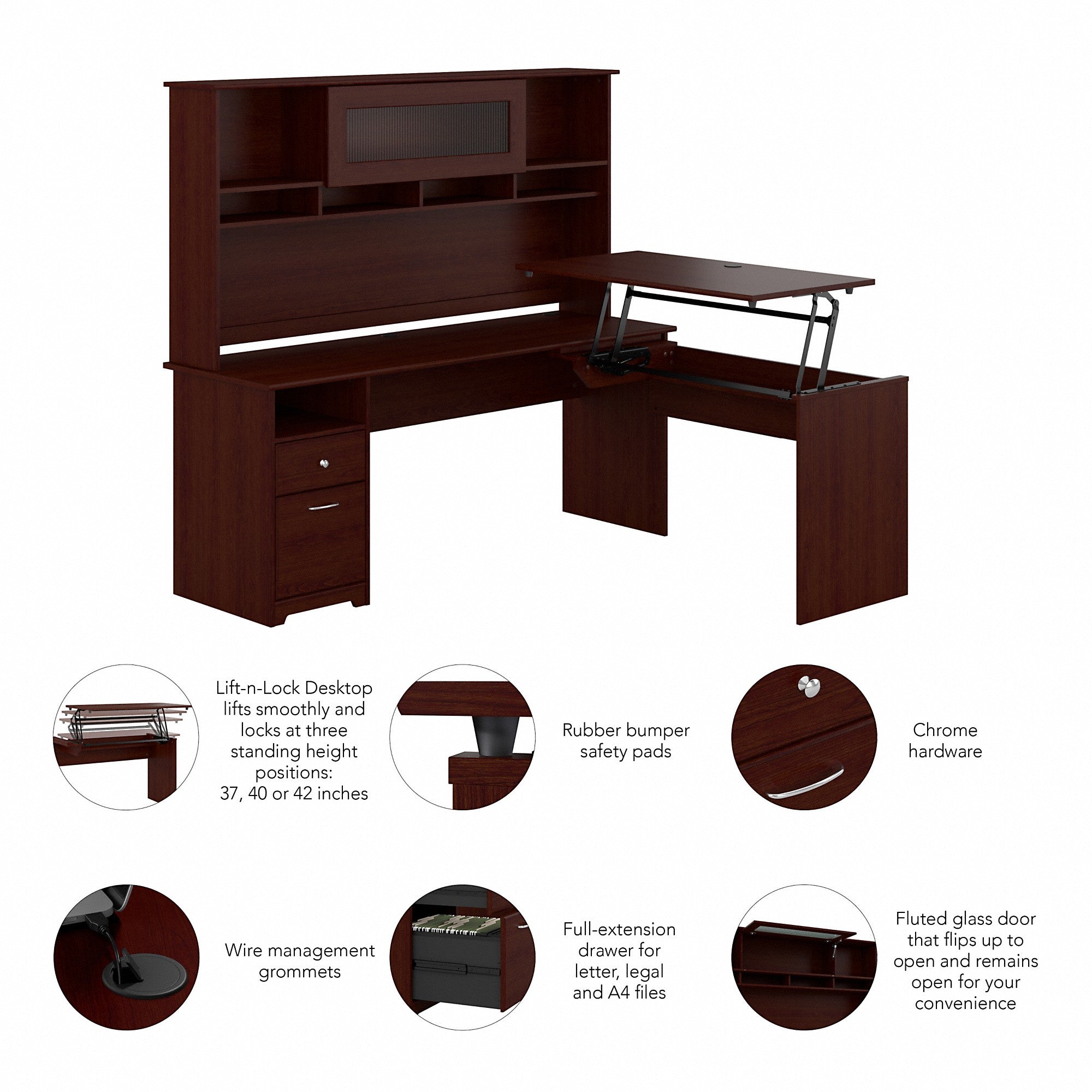 Bush Furniture Cabot 72W 3 Position Sit to Stand L Shaped Desk with Hutch