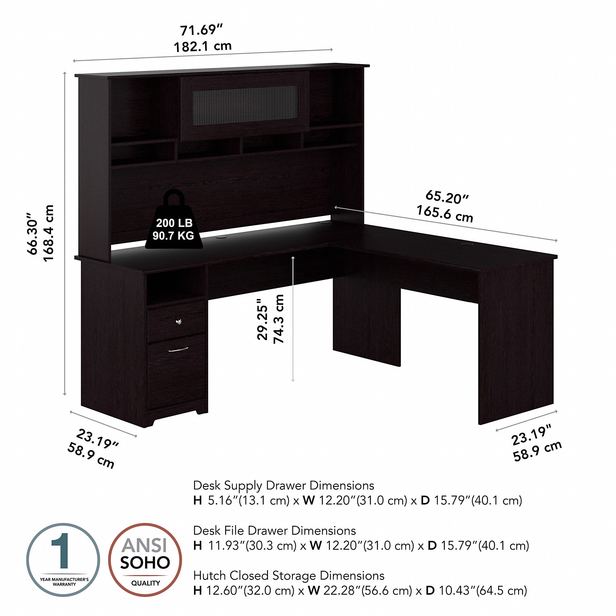 Bush Furniture Cabot 72W L Shaped Computer Desk with Hutch and Drawers