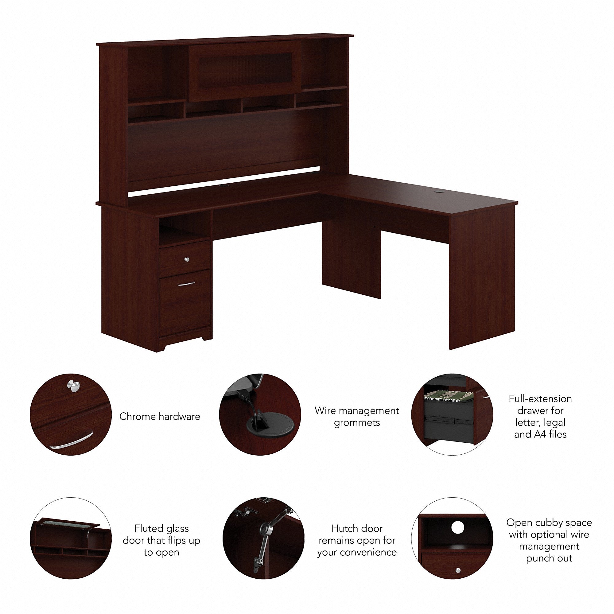 Bush Furniture Cabot 72W L Shaped Computer Desk with Hutch and Drawers