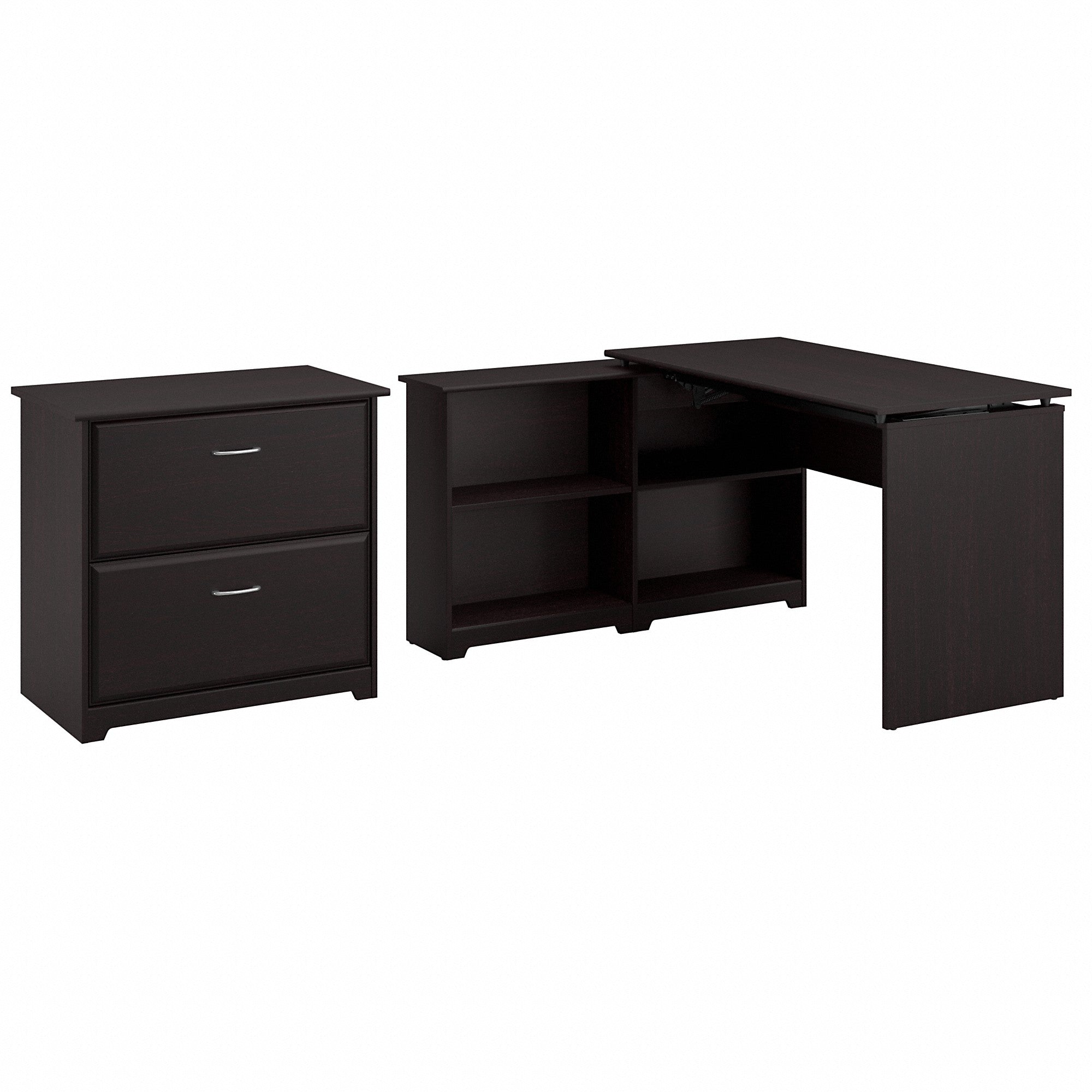 Bush Furniture Cabot 52W 3 Position Sit to Stand Corner Bookshelf Desk with Lateral File Cabinet