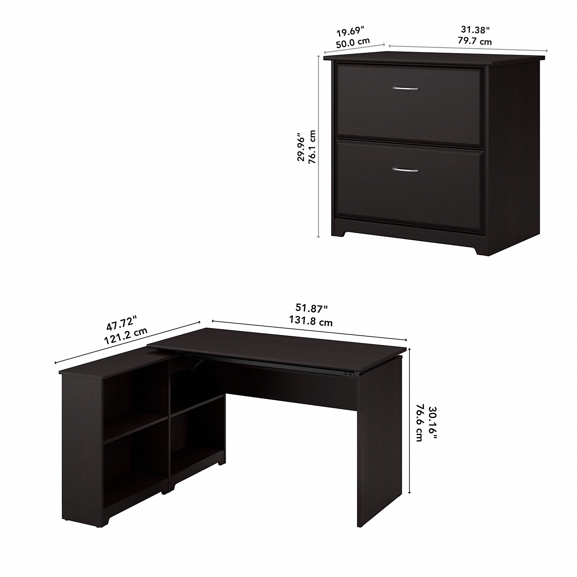 Bush Furniture Cabot 52W 3 Position Sit to Stand Corner Bookshelf Desk with Lateral File Cabinet