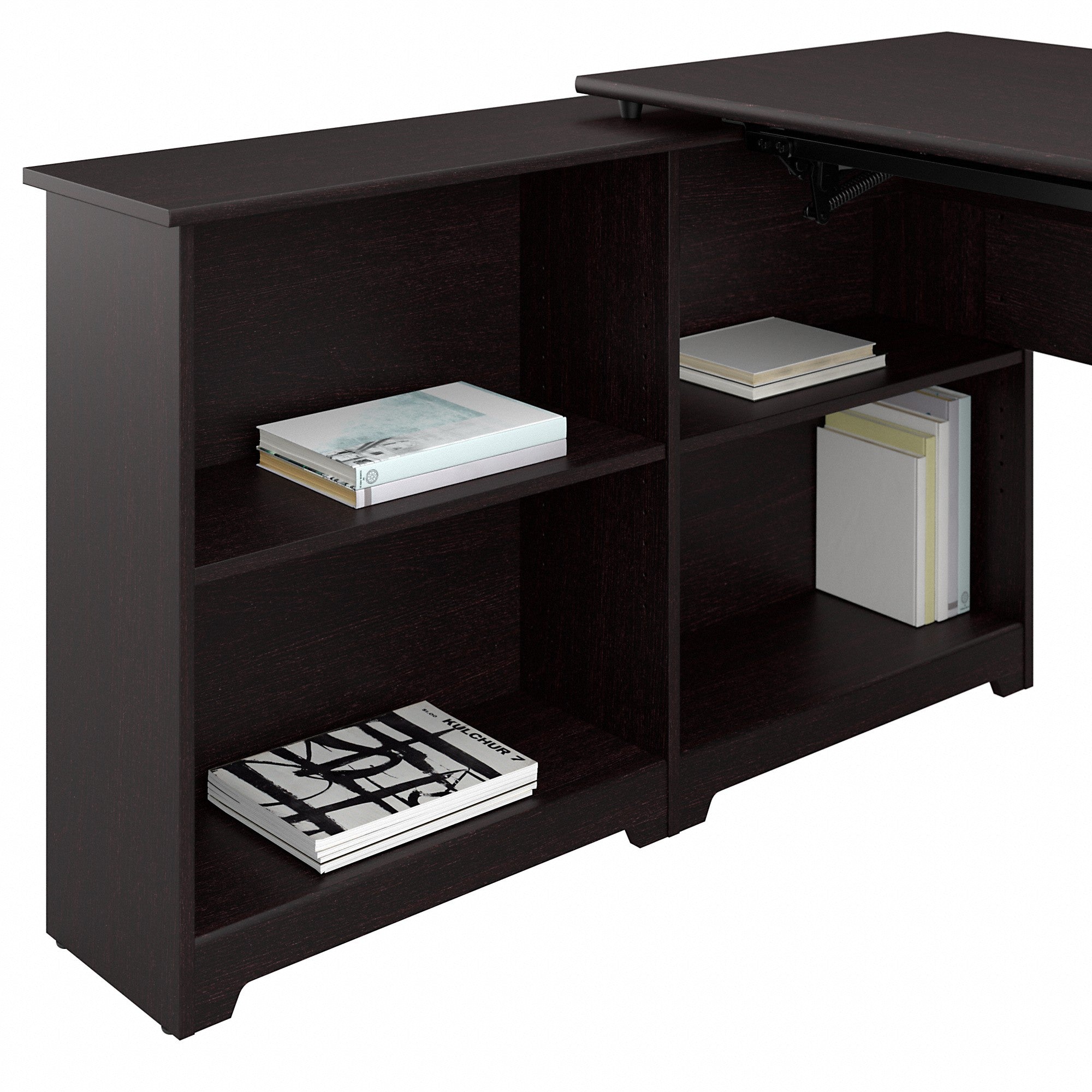 Bush Furniture Cabot 52W 3 Position Sit to Stand Corner Bookshelf Desk with Lateral File Cabinet