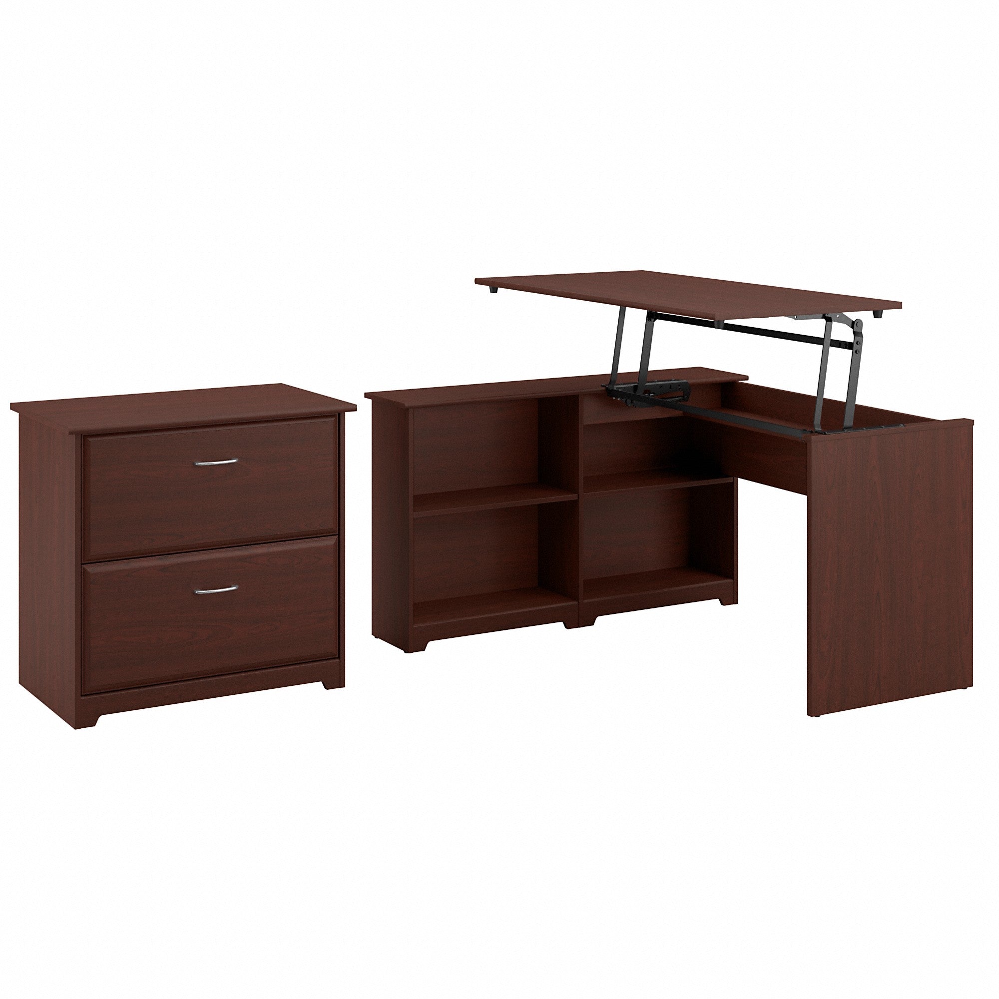 Bush Furniture Cabot 52W 3 Position Sit to Stand Corner Bookshelf Desk with Lateral File Cabinet