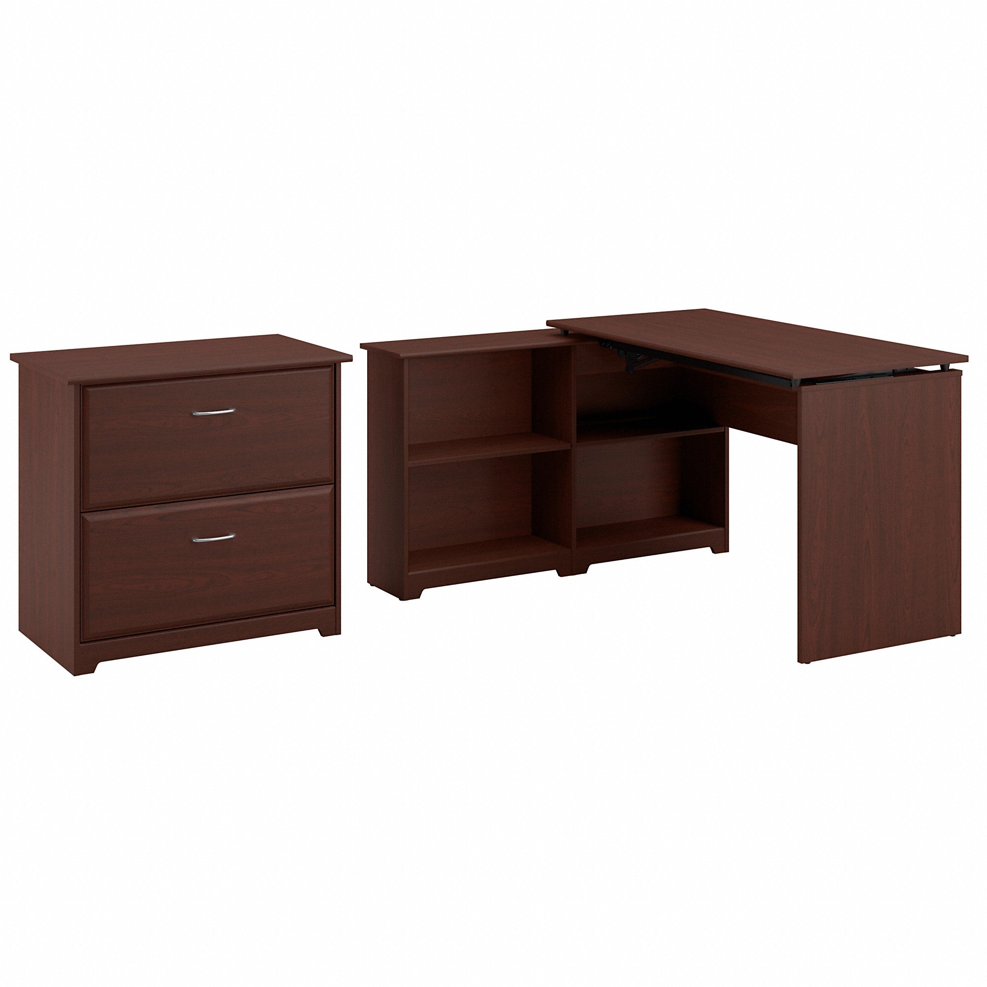 Bush Furniture Cabot 52W 3 Position Sit to Stand Corner Bookshelf Desk with Lateral File Cabinet