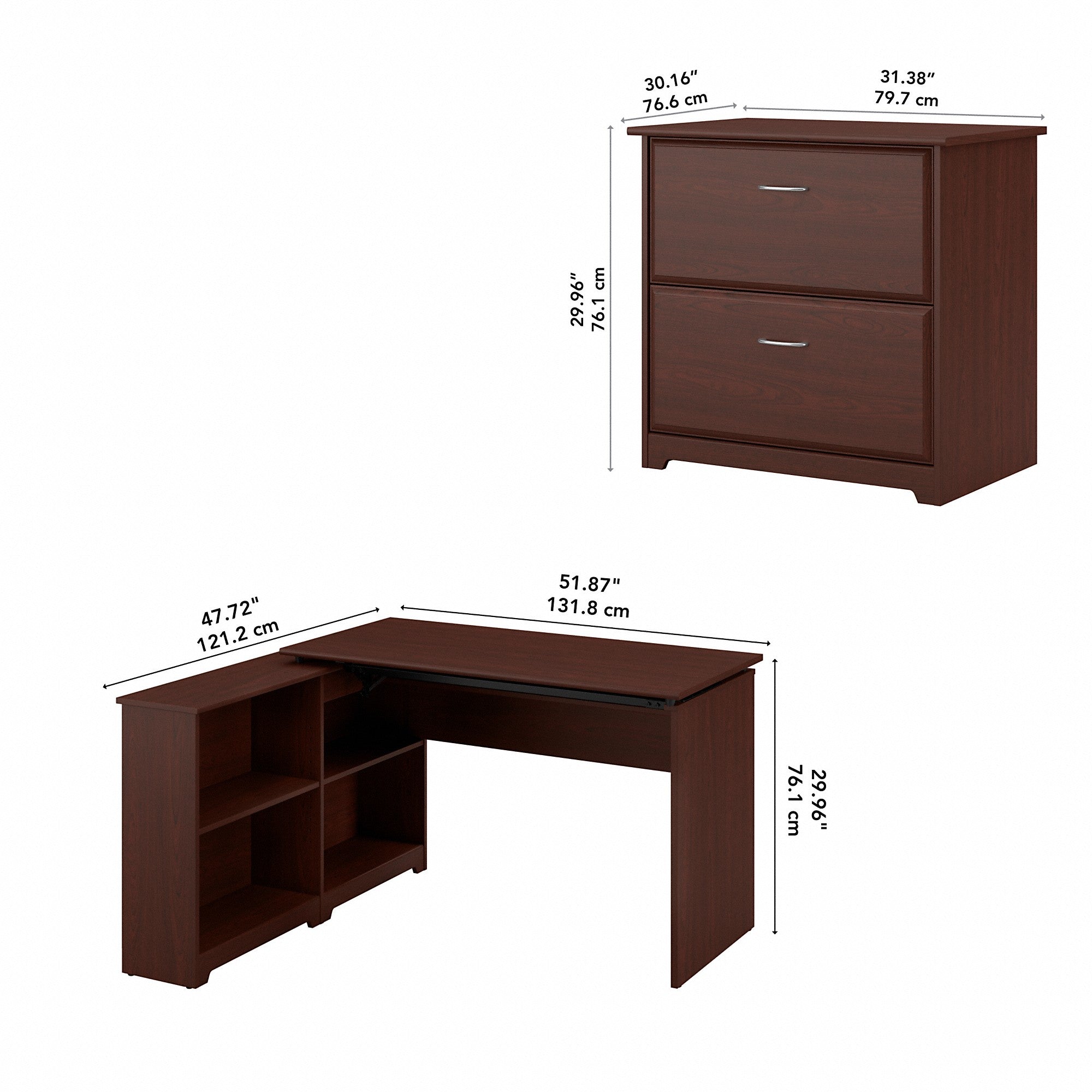 Bush Furniture Cabot 52W 3 Position Sit to Stand Corner Bookshelf Desk with Lateral File Cabinet