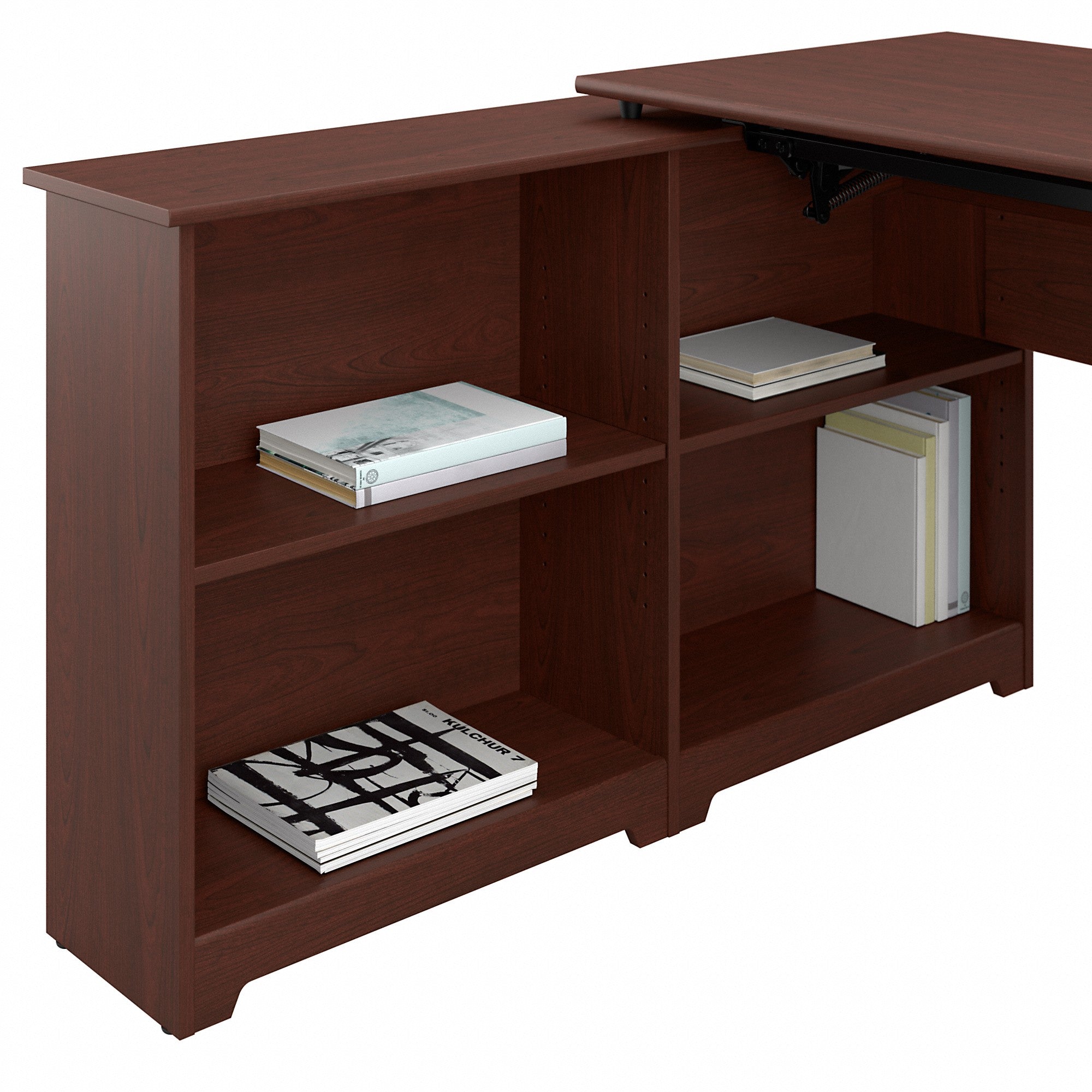 Bush Furniture Cabot 52W 3 Position Sit to Stand Corner Bookshelf Desk with Lateral File Cabinet