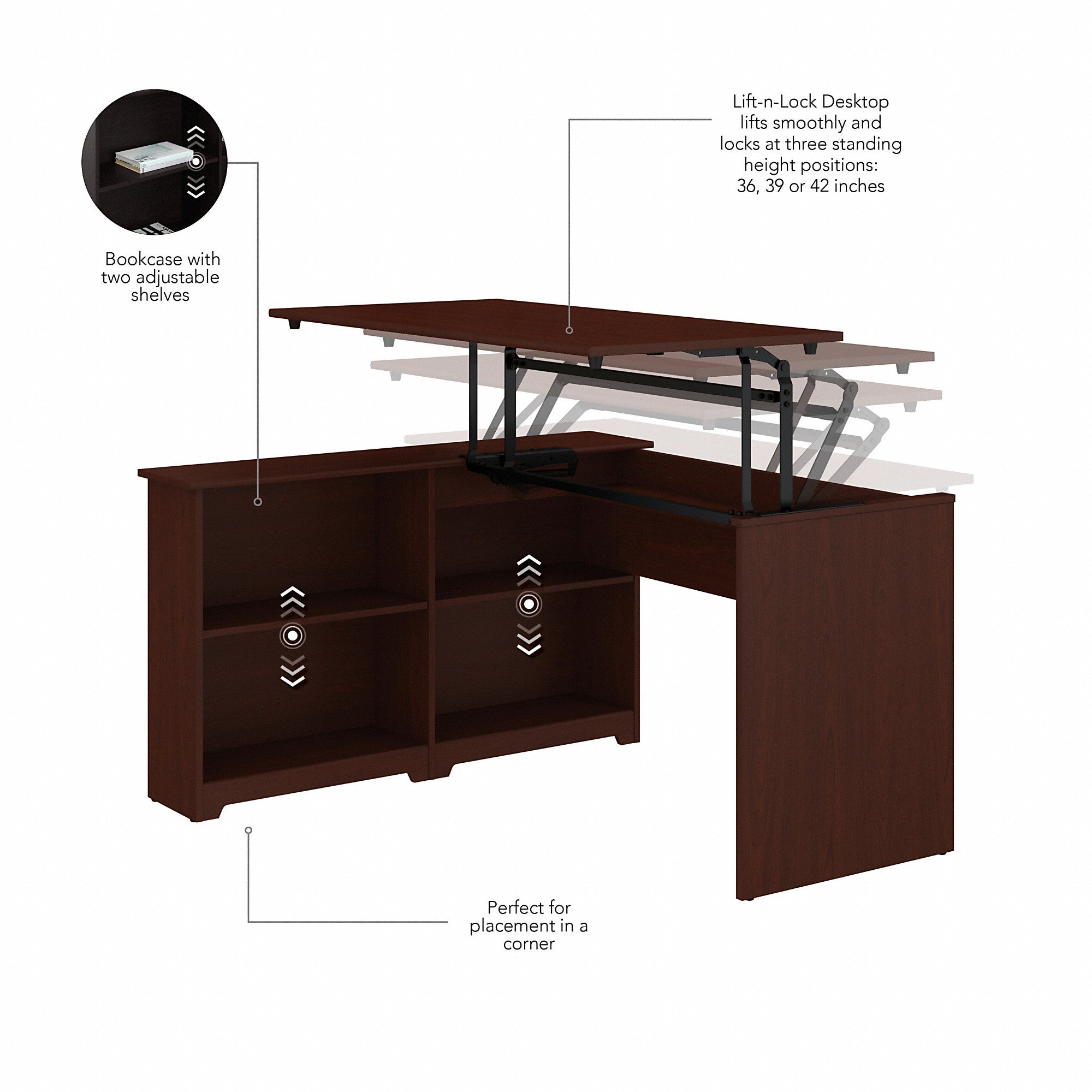 Bush Furniture Cabot 52W 3 Position Sit to Stand Corner Bookshelf Desk with Lateral File Cabinet