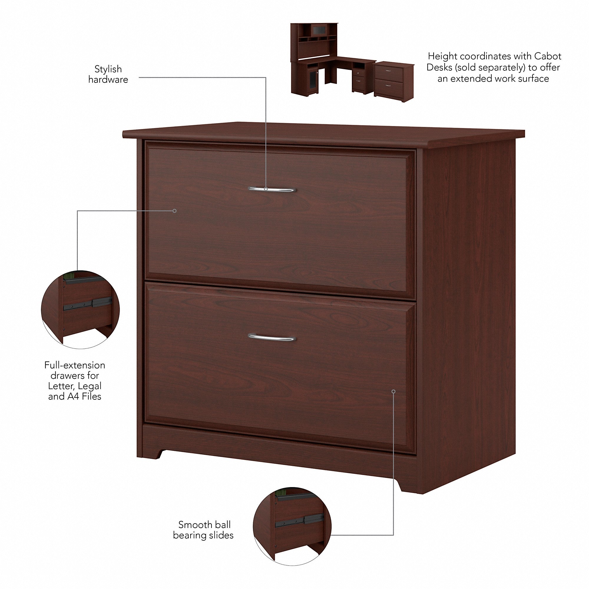 Bush Furniture Cabot 52W 3 Position Sit to Stand Corner Bookshelf Desk with Lateral File Cabinet