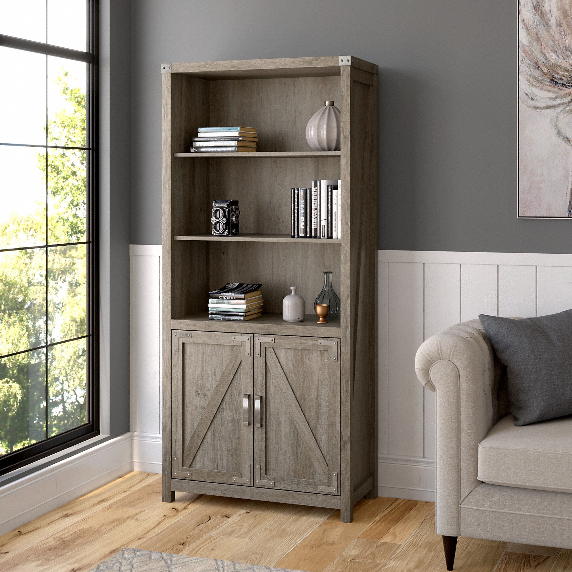 kathy ireland® Home by Bush Furniture Cottage Grove Tall 5 Shelf Bookcase with Doors