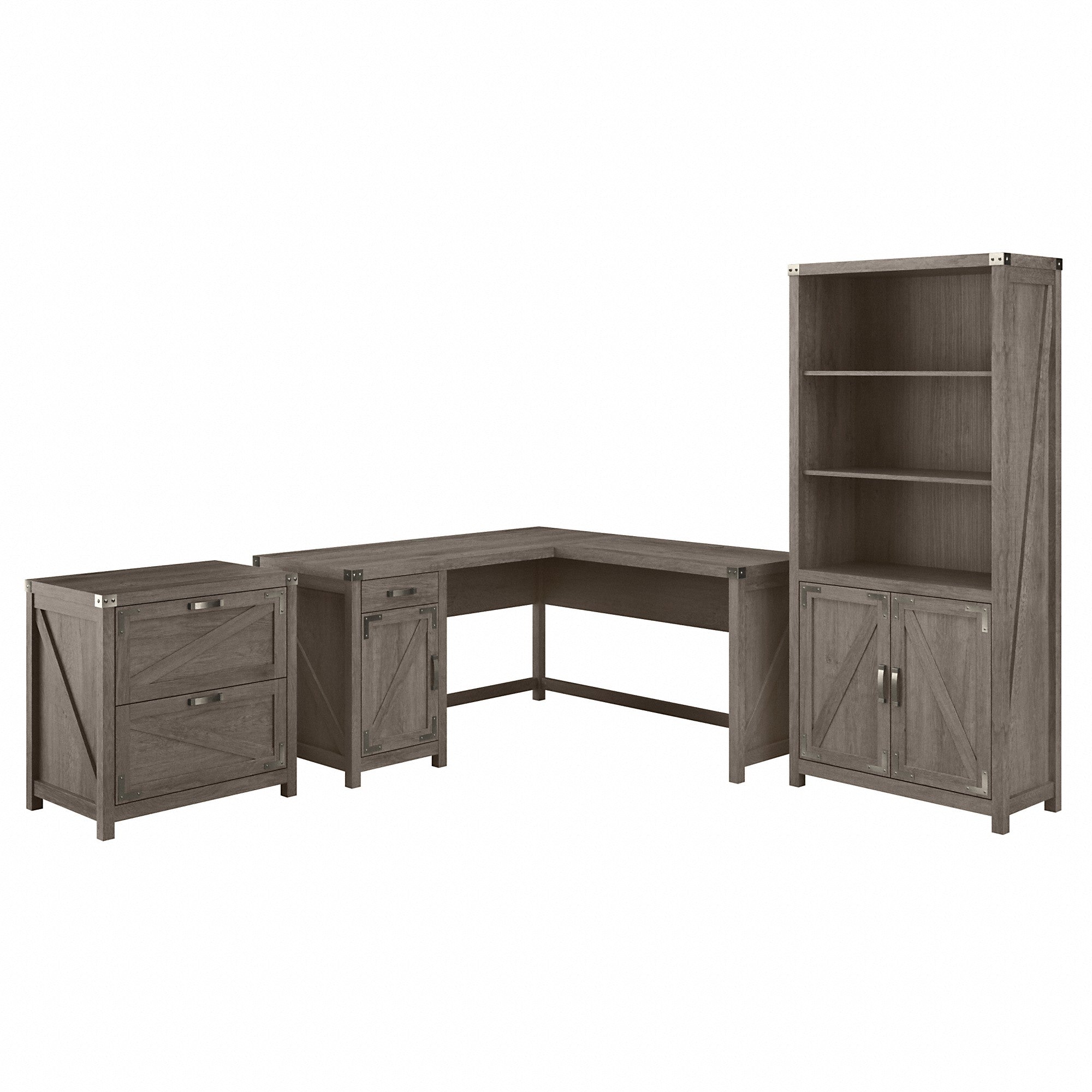 kathy ireland® Home by Bush Furniture Cottage Grove 60W L Shaped Desk with Lateral File Cabinet and 5 Shelf Bookcase