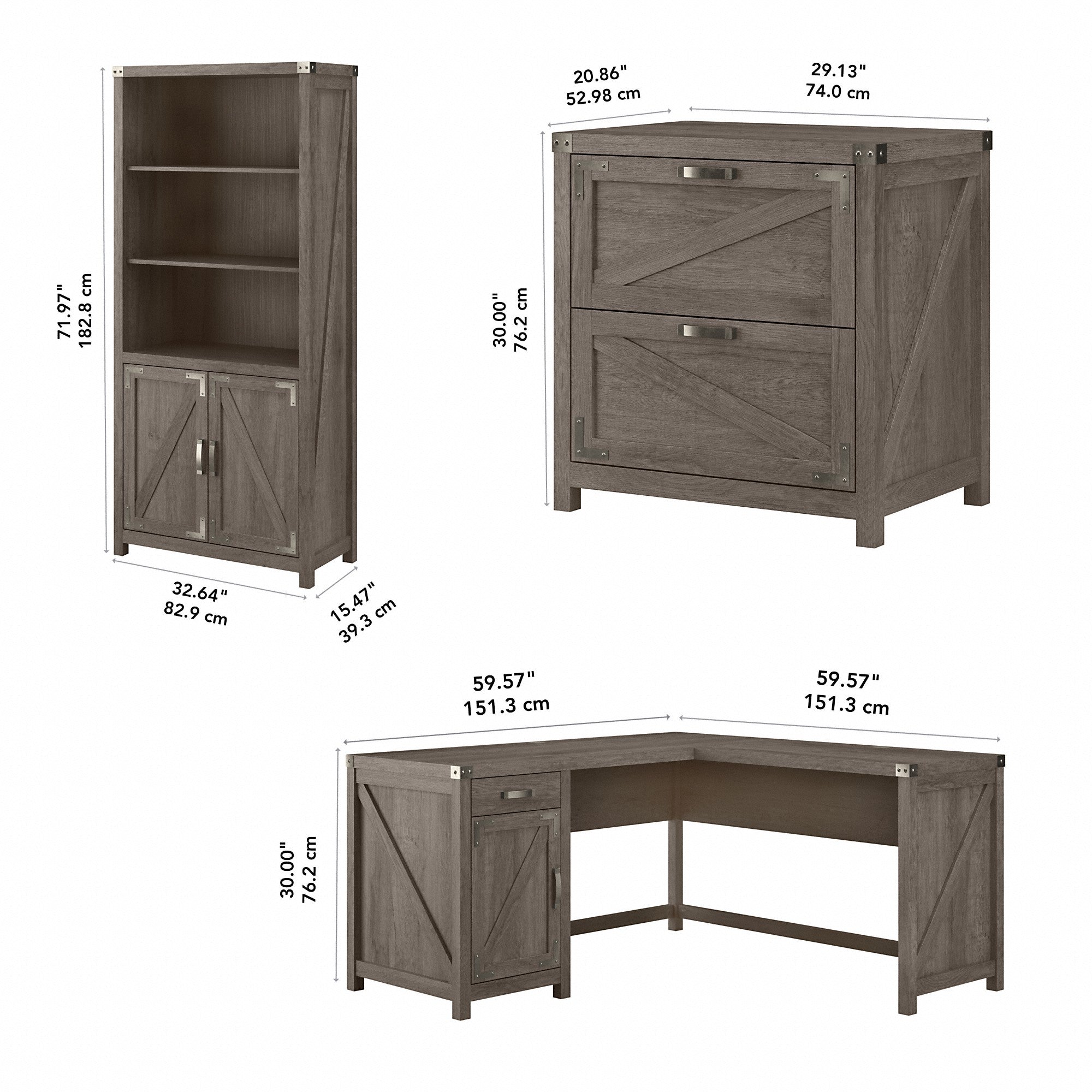 kathy ireland® Home by Bush Furniture Cottage Grove 60W L Shaped Desk with Lateral File Cabinet and 5 Shelf Bookcase