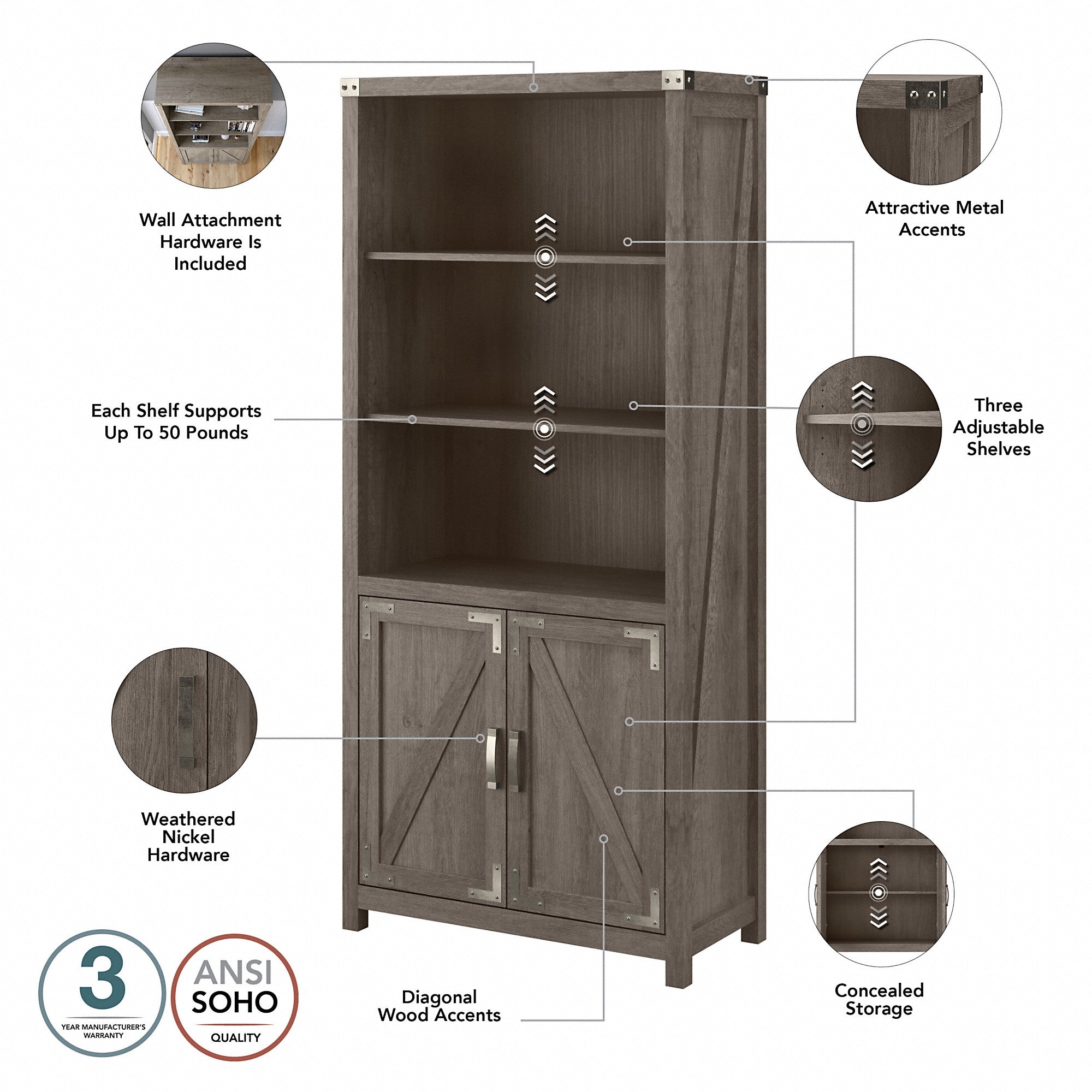 kathy ireland® Home by Bush Furniture Cottage Grove 60W L Shaped Desk with Lateral File Cabinet and 5 Shelf Bookcase