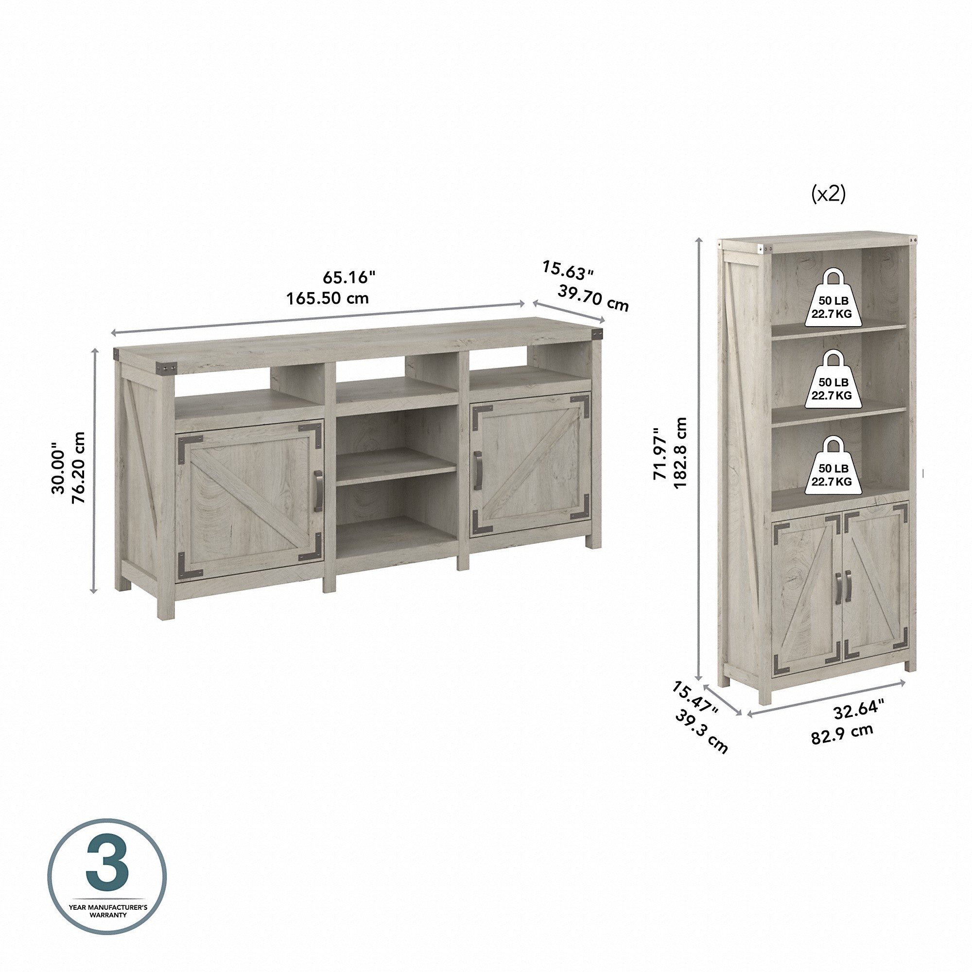 kathy ireland® Home by Bush Furniture Cottage Grove Farmhouse TV Stand for 70 Inch TV with 5 Shelf Bookcases with Doors