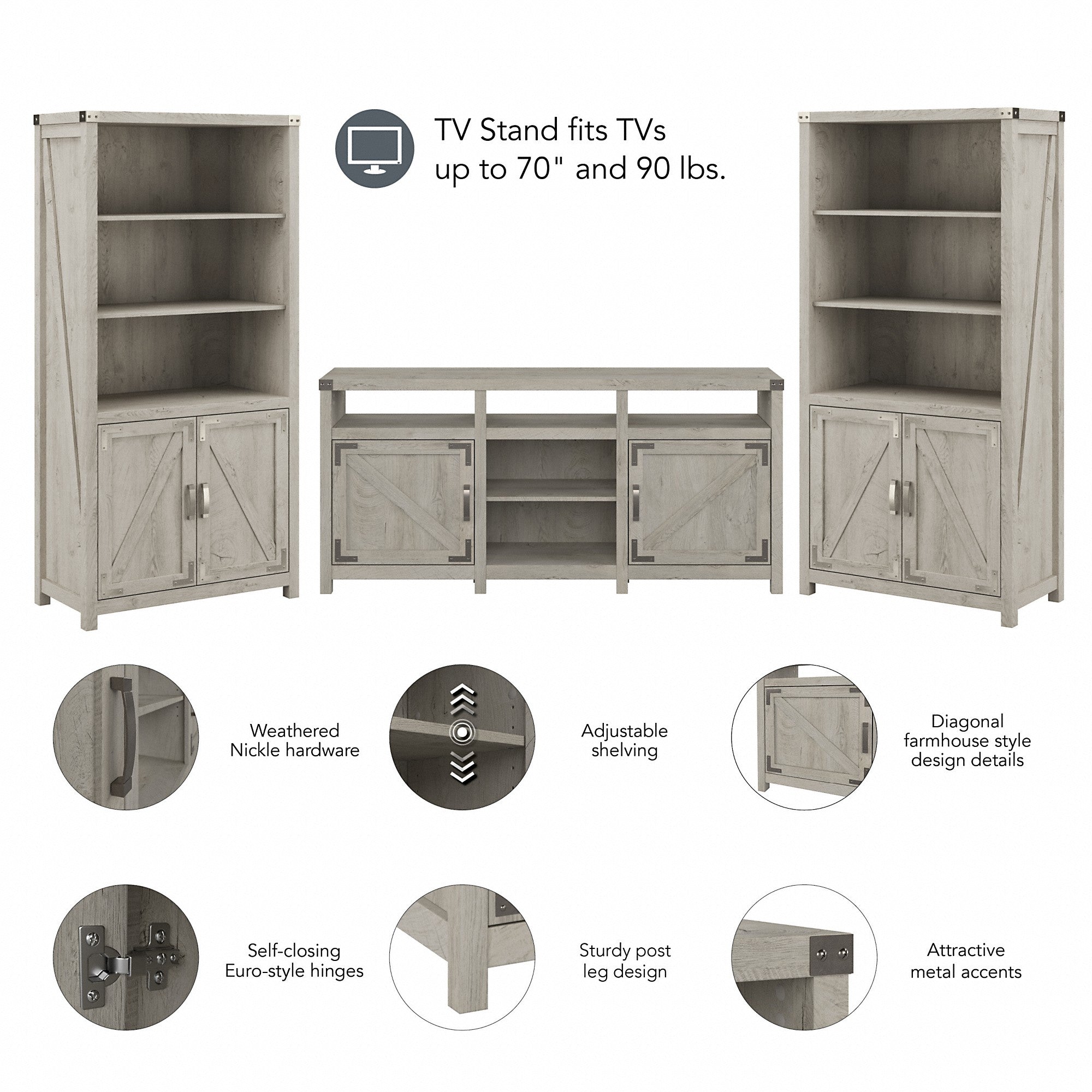 kathy ireland® Home by Bush Furniture Cottage Grove Farmhouse TV Stand for 70 Inch TV with 5 Shelf Bookcases with Doors