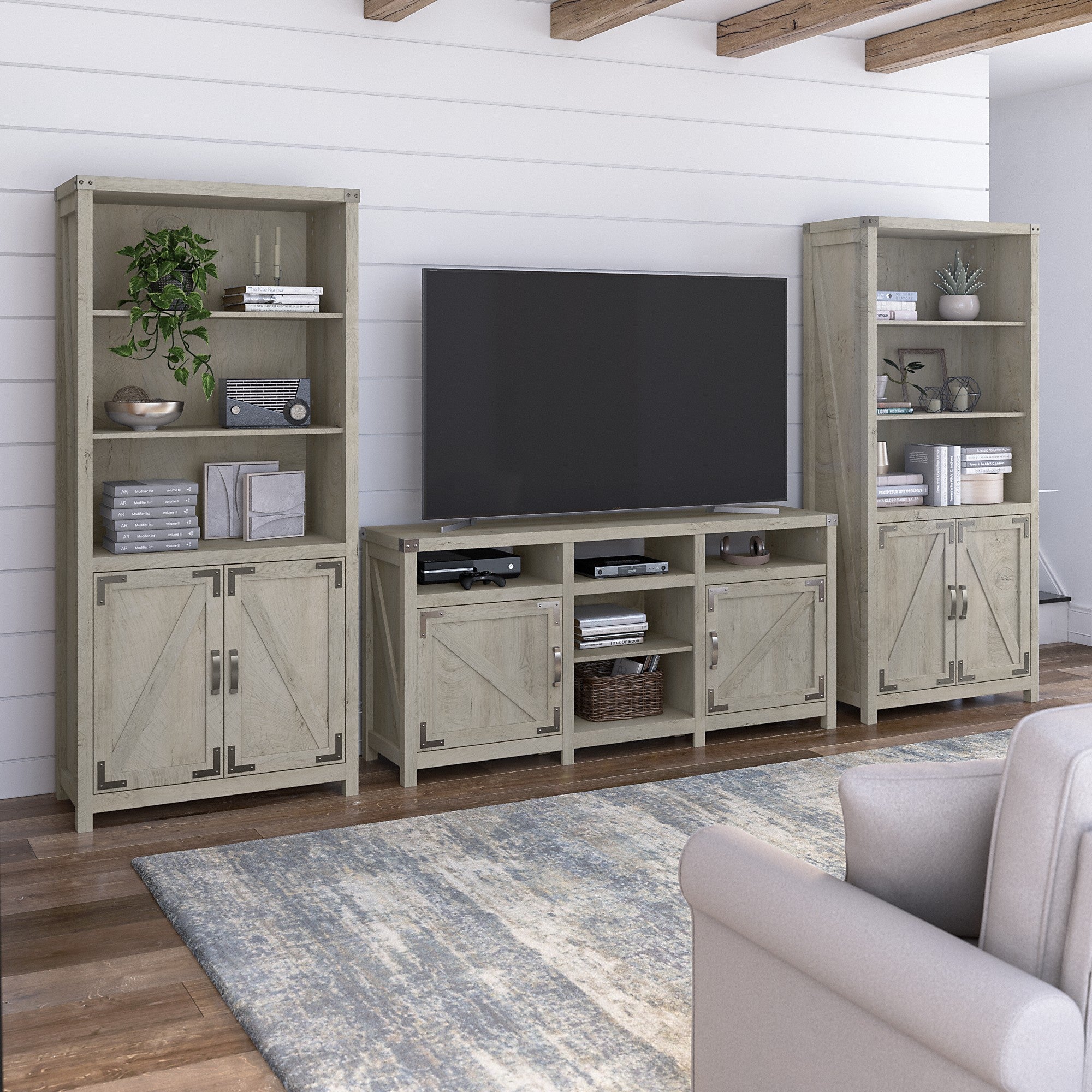 kathy ireland® Home by Bush Furniture Cottage Grove Farmhouse TV Stand for 70 Inch TV with 5 Shelf Bookcases with Doors