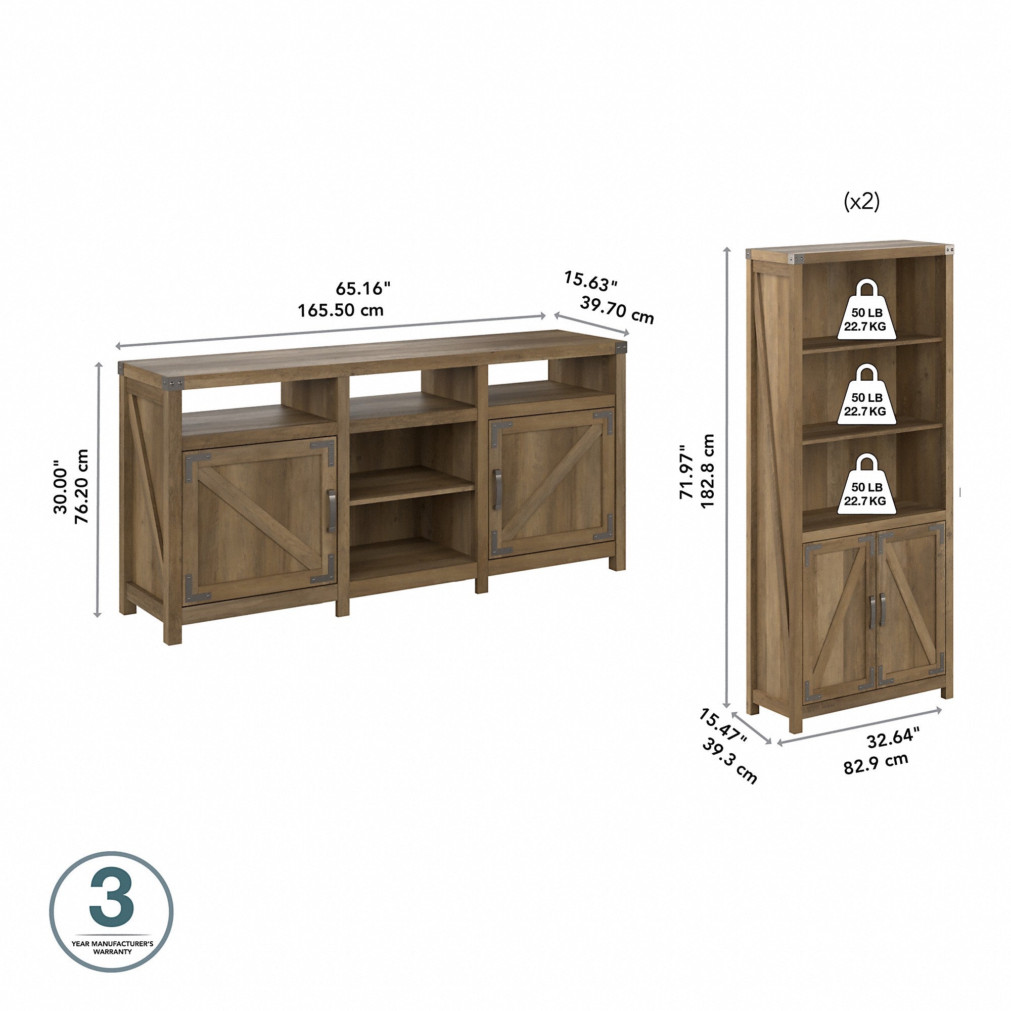 kathy ireland® Home by Bush Furniture Cottage Grove Farmhouse TV Stand for 70 Inch TV with 5 Shelf Bookcases with Doors