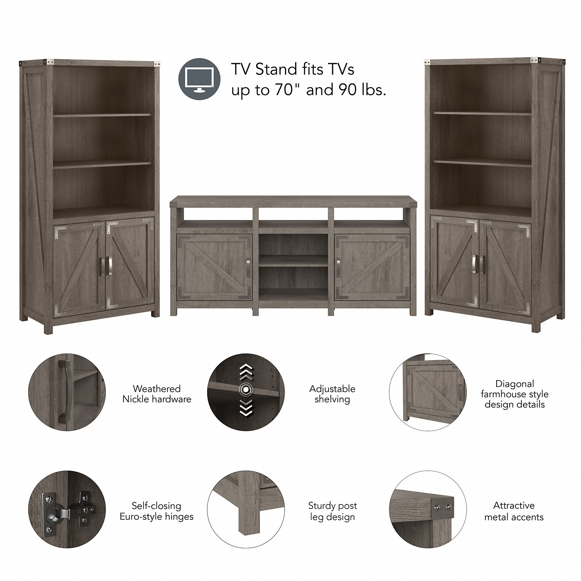 kathy ireland® Home by Bush Furniture Cottage Grove Farmhouse TV Stand for 70 Inch TV with 5 Shelf Bookcases with Doors