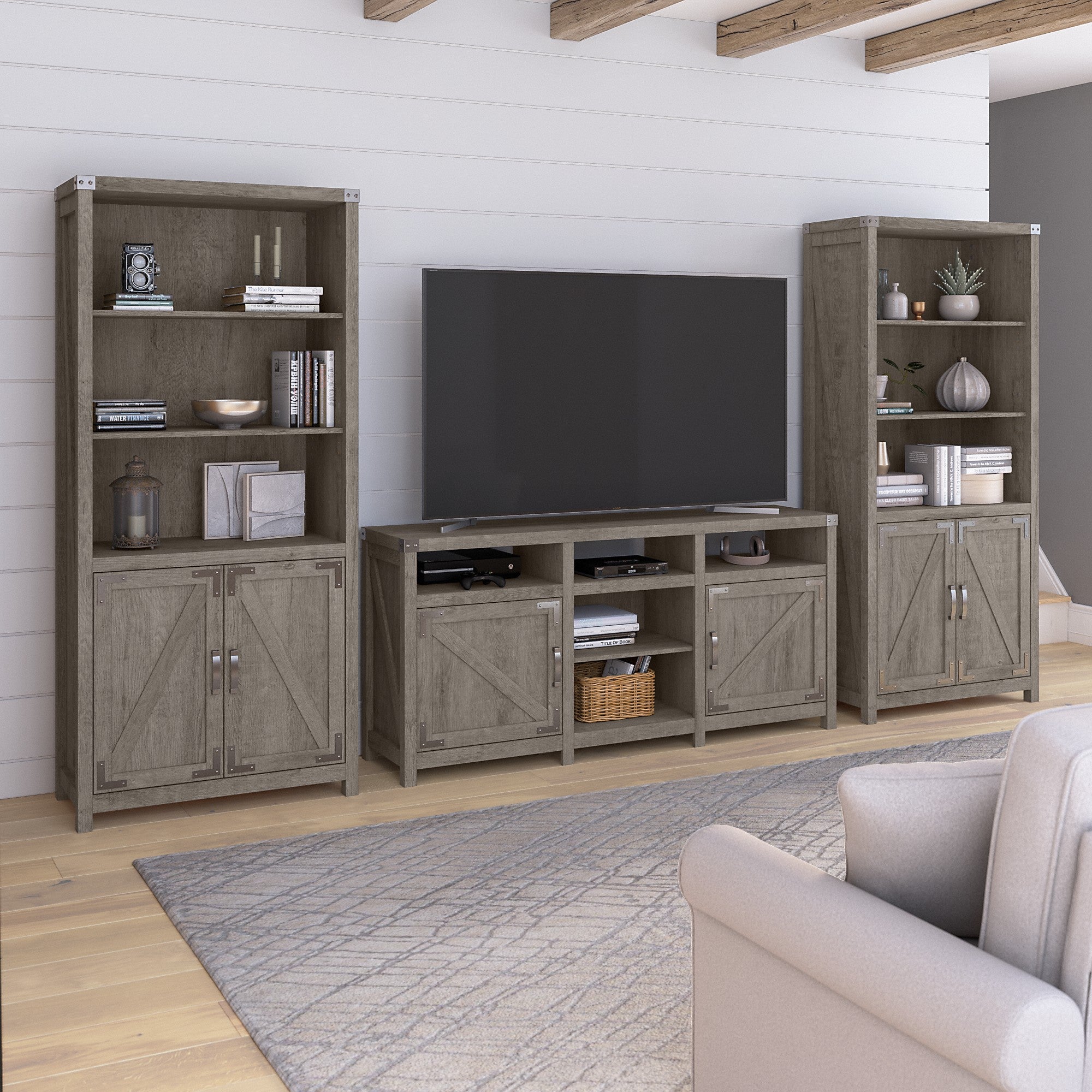 kathy ireland® Home by Bush Furniture Cottage Grove Farmhouse TV Stand for 70 Inch TV with 5 Shelf Bookcases with Doors